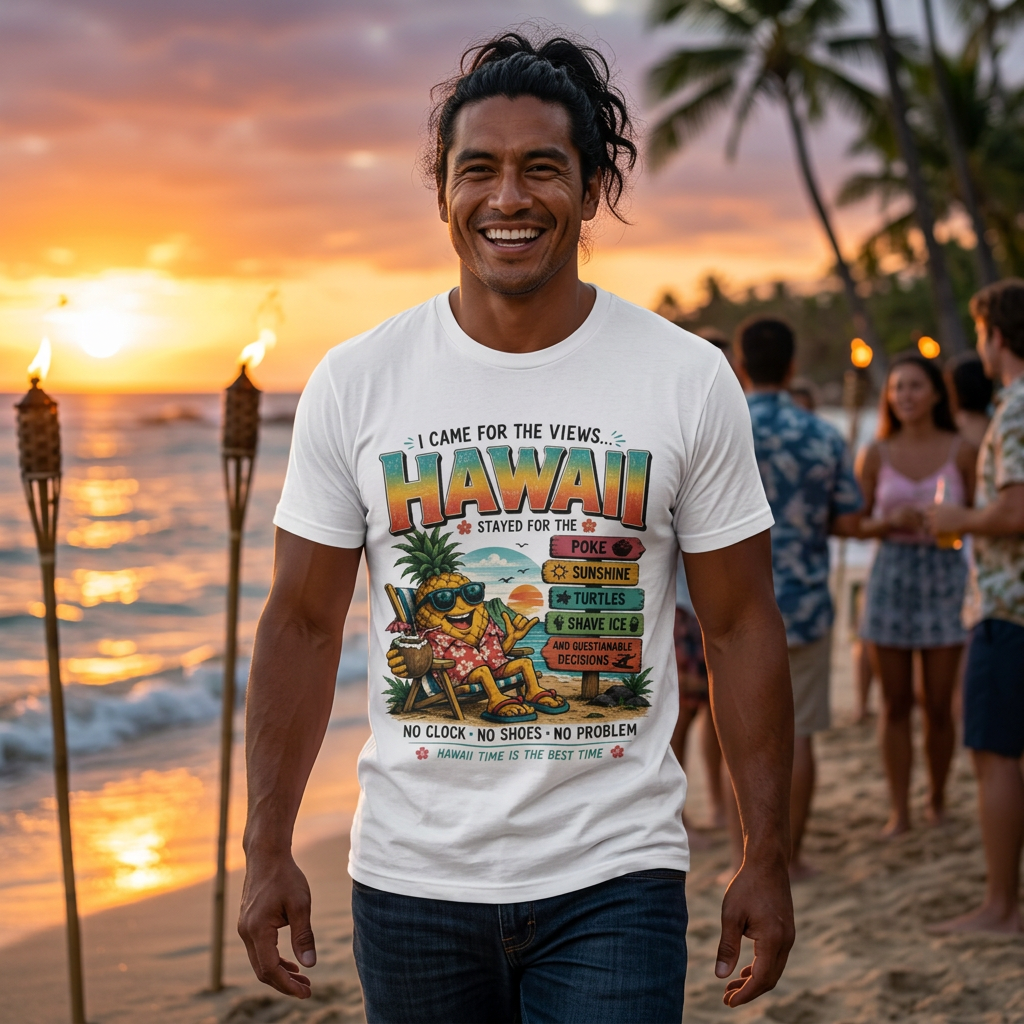 Hawaii Vacation Tee — "I Came for the Views... Stayed for the Hawaii" Tropical Surf & Luau Shirt