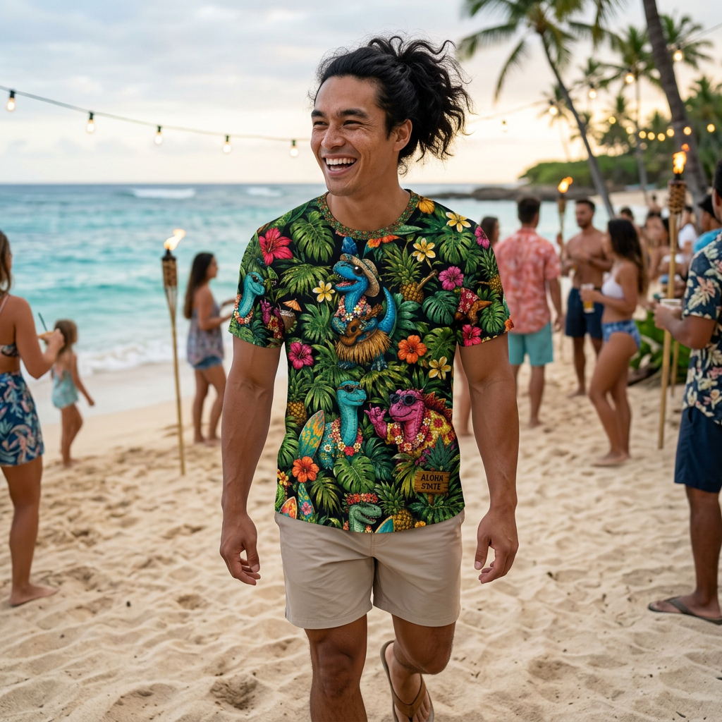 Aloha Dino Surf Hawaiian Tee — Tropical Dinosaur All-Over Print Shirt