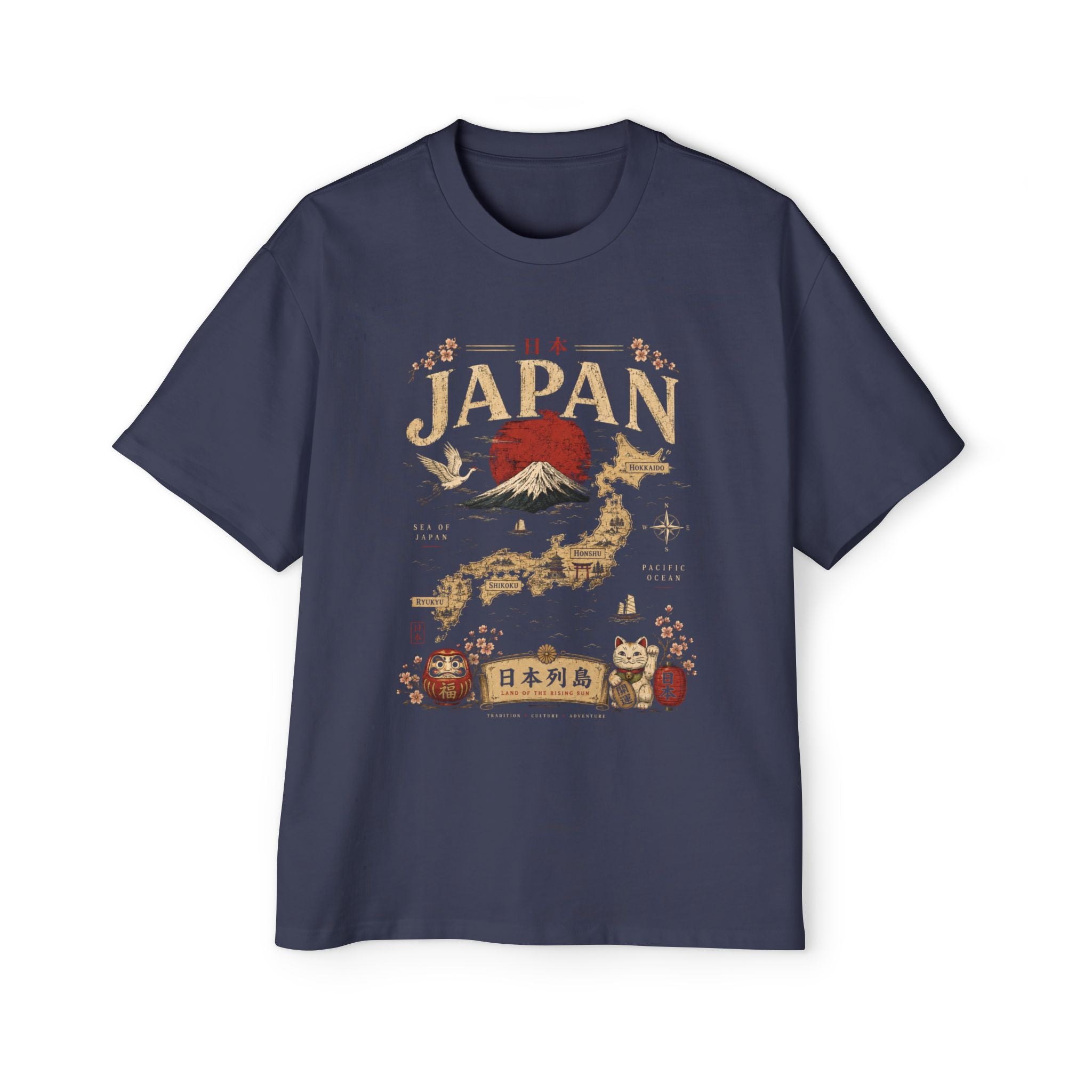 Japan Map Tee — Mount Fuji, Rising Sun & Lucky Cat Graphic T-Shirt