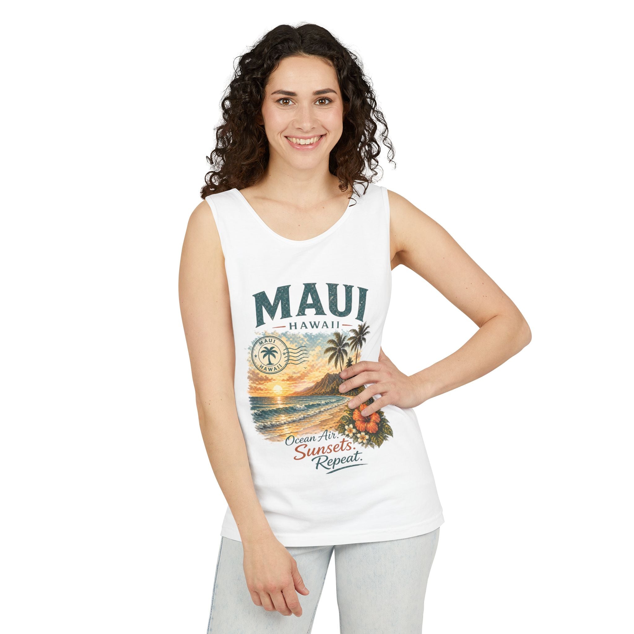 Maui Hawaii Tank Top — Ocean Air Sunsets Repeat Beach Graphic