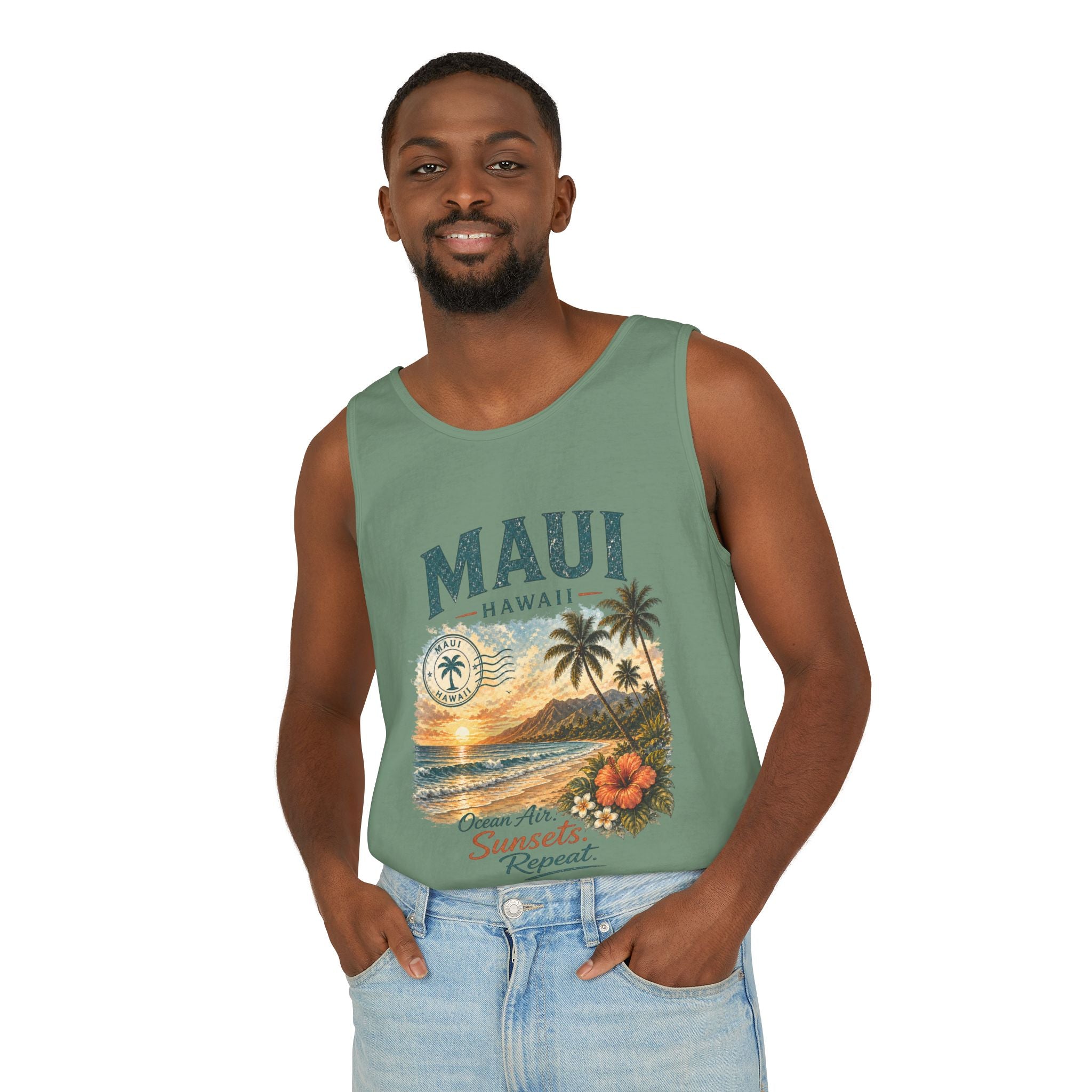 Maui Hawaii Tank Top — Ocean Air Sunsets Repeat Beach Graphic
