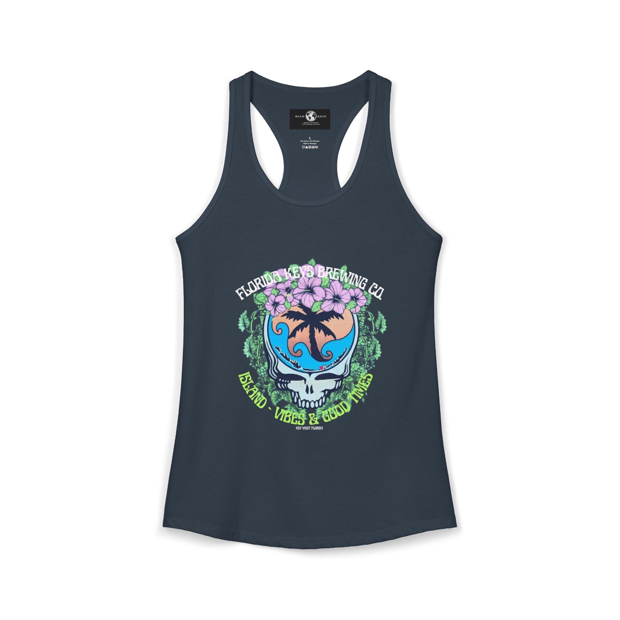 Island Vibes & Good Times Racerback Tank — Tropical Skull Graphic