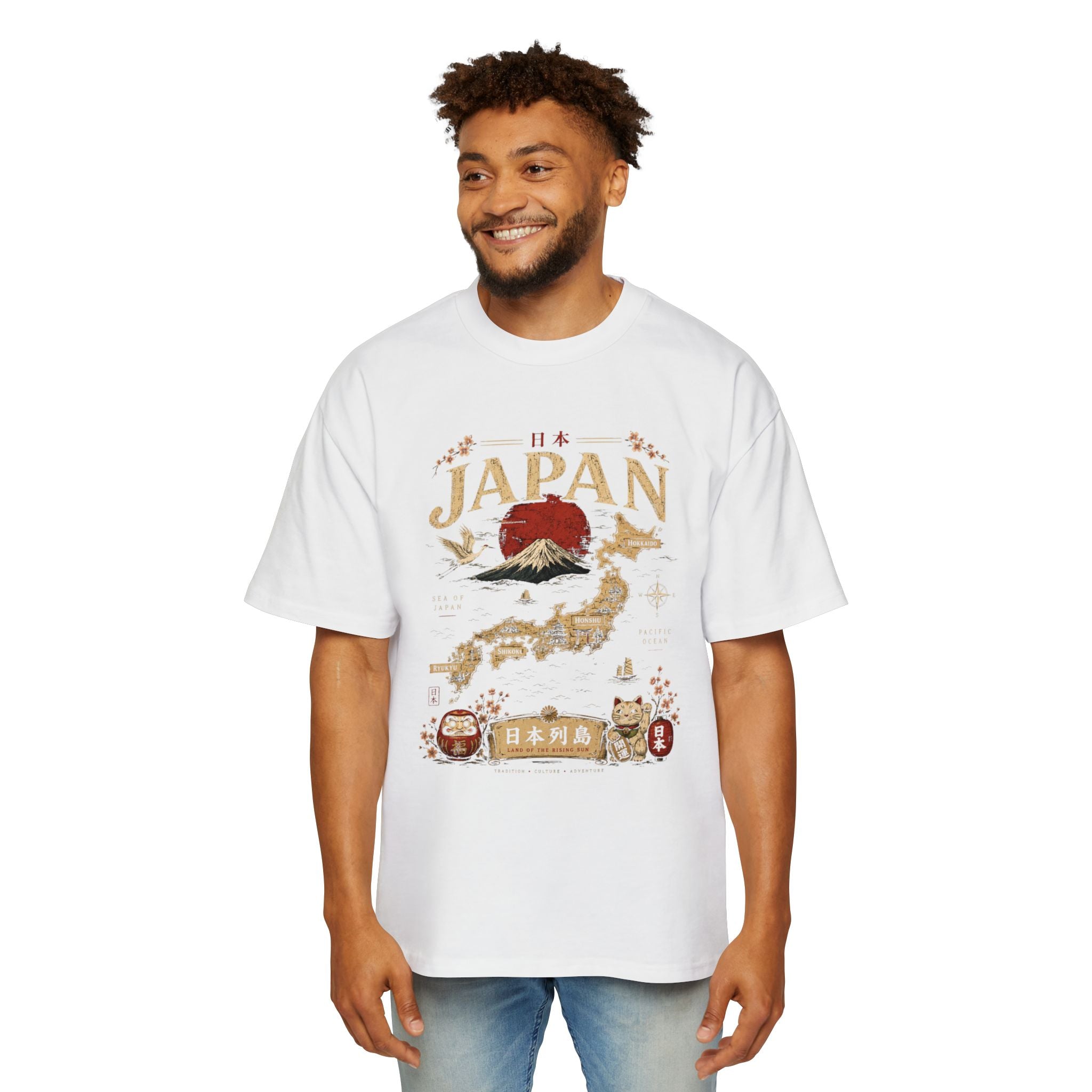 Japan Map Tee — Mount Fuji, Rising Sun & Lucky Cat Graphic T-Shirt