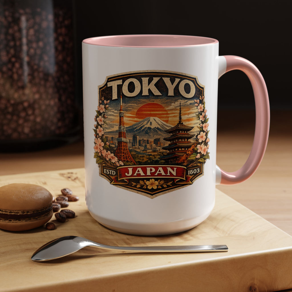 Tokyo Japan Accent Coffee Mug – Vintage Mount Fuji & Sakura Travel Souvenir (11/15oz)