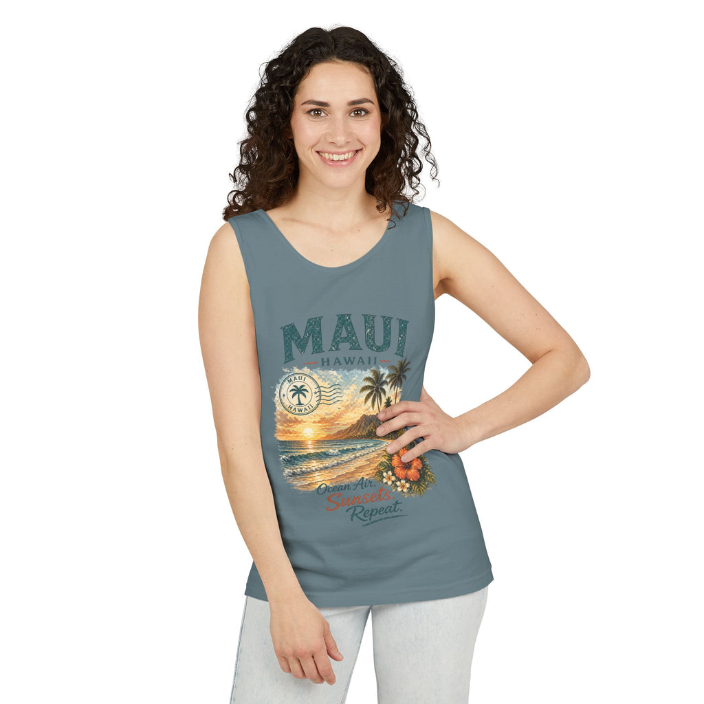 Maui Hawaii Tank Top — Ocean Air Sunsets Repeat Beach Graphic