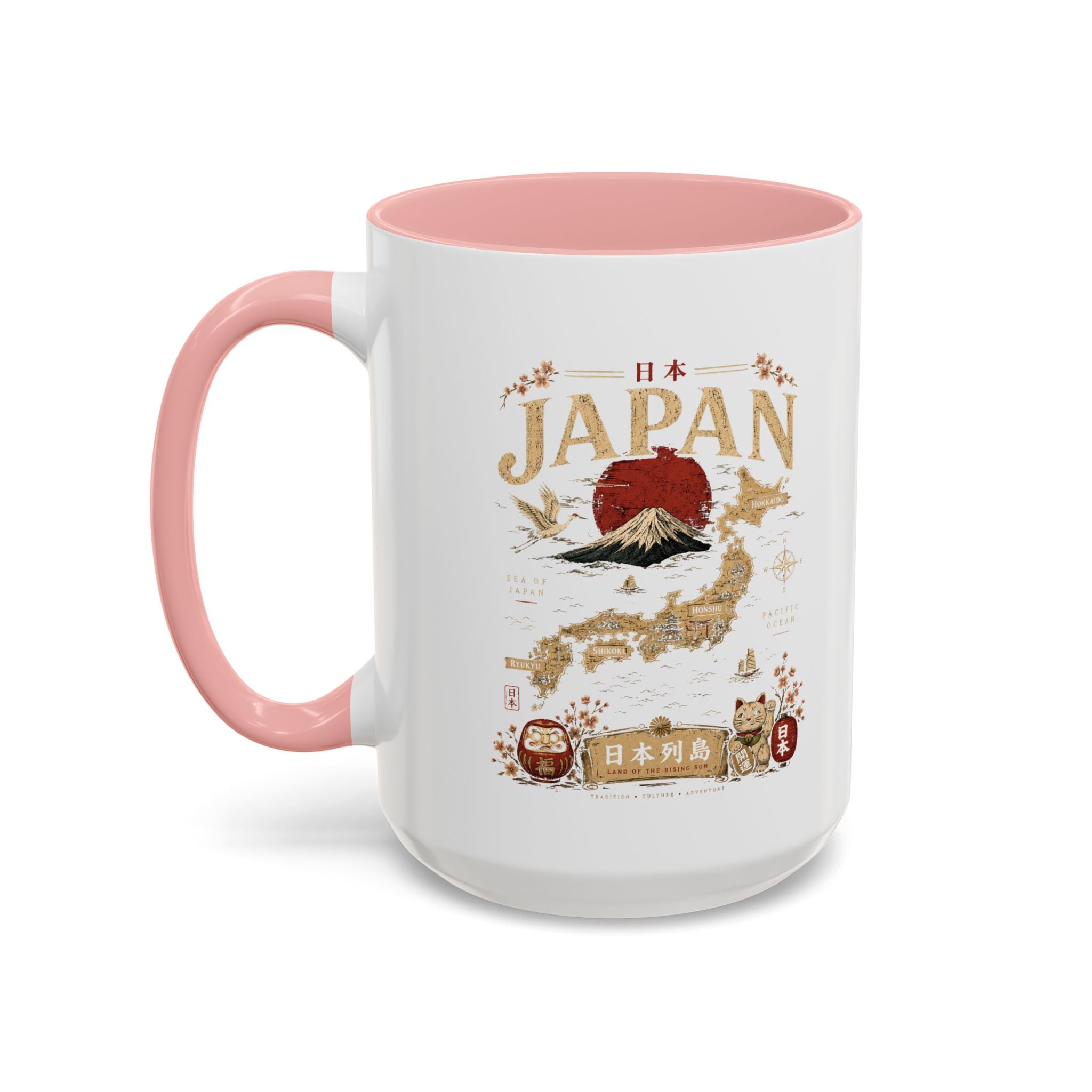 Japan Travel Map Coffee Mug — Mount Fuji Red Sun Accent Mug (11/15 oz)