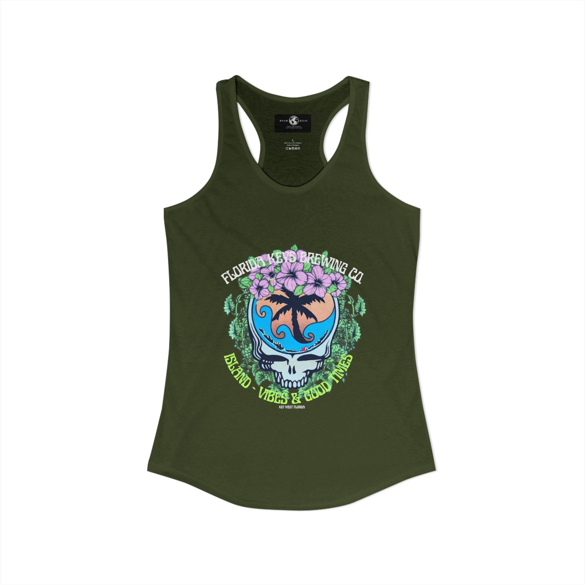 Island Vibes & Good Times Racerback Tank — Tropical Skull Graphic