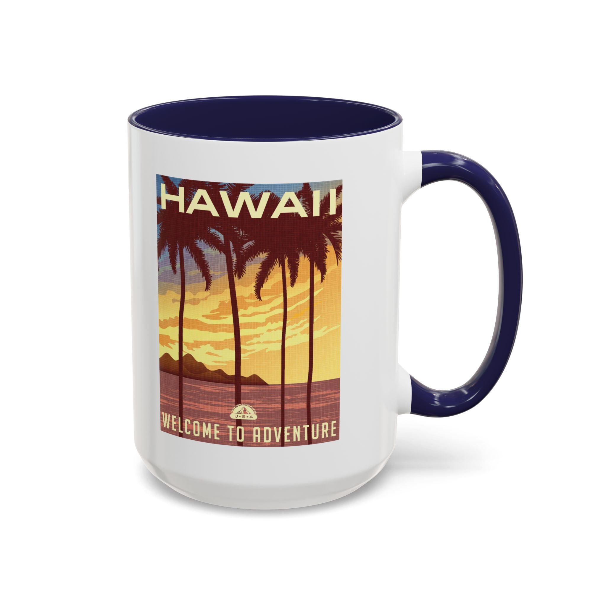 Hawaii Sunset Coffee Mug — "Welcome to Adventure" Tropical Travel Accent Mug