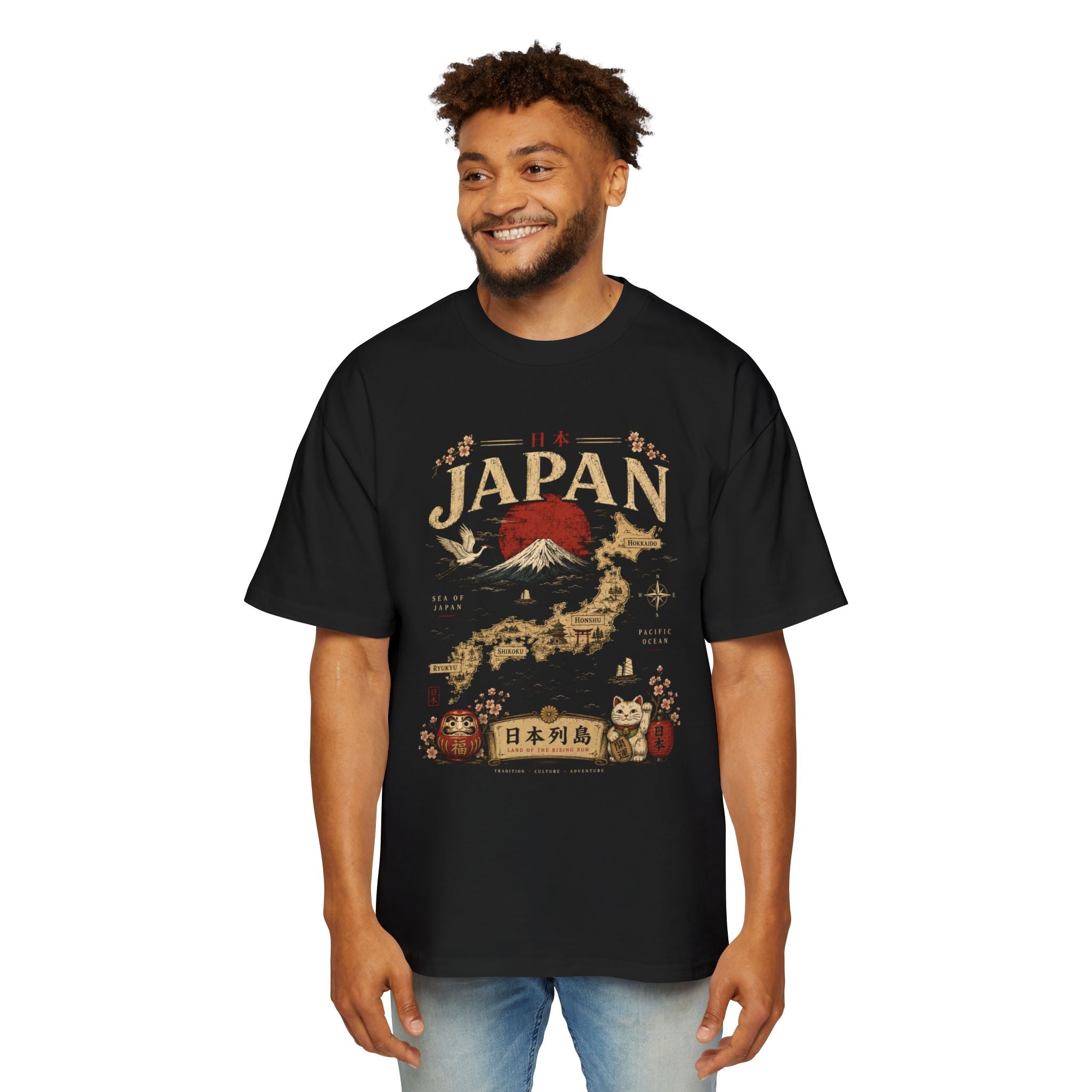 Japan Map Tee — Mount Fuji, Rising Sun & Lucky Cat Graphic T-Shirt