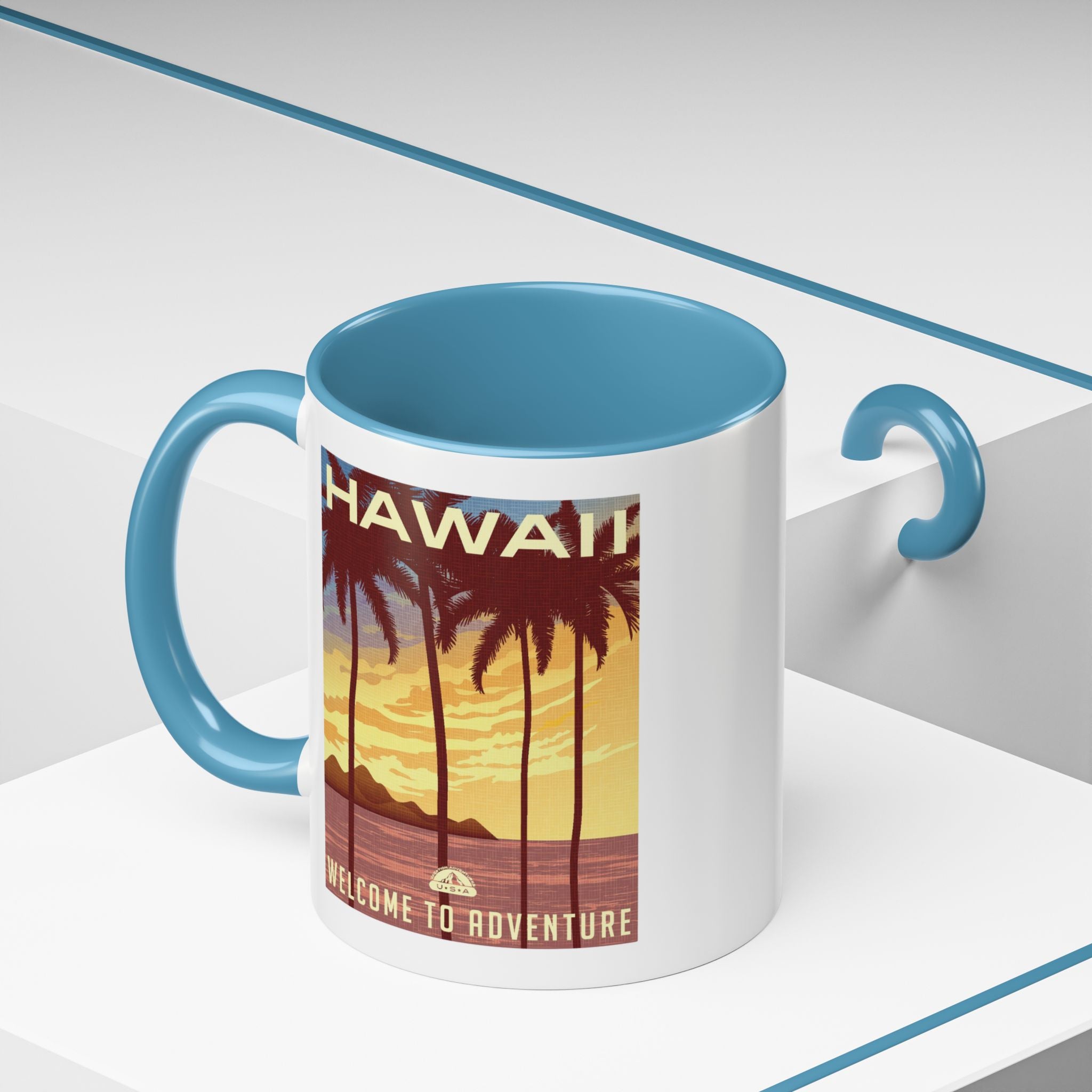 Hawaii Sunset Coffee Mug — "Welcome to Adventure" Tropical Travel Accent Mug