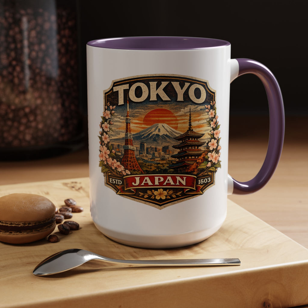 Tokyo Japan Accent Coffee Mug – Vintage Mount Fuji & Sakura Travel Souvenir (11/15oz)