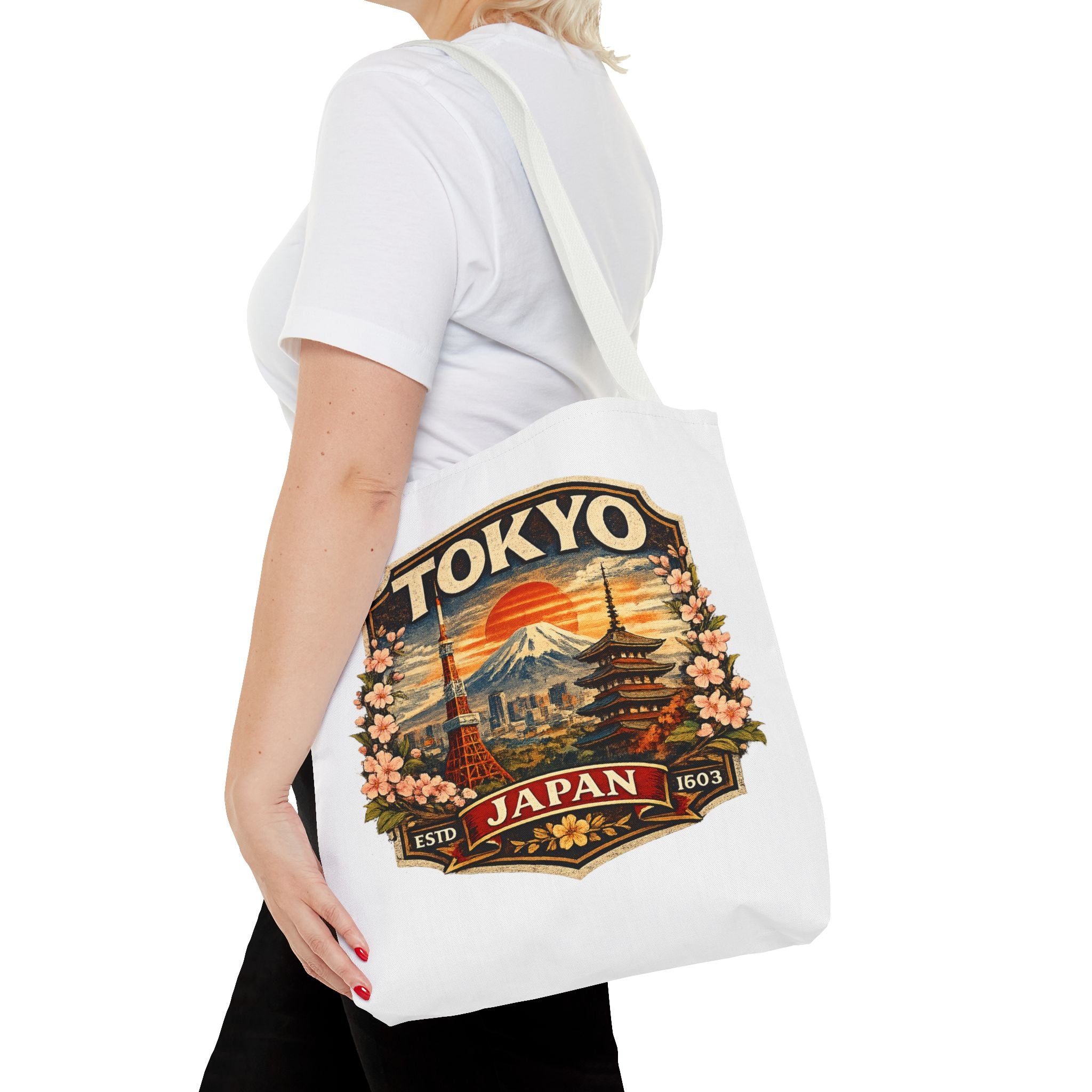 Tokyo Japan Scenic Tote Bag – Vintage Mount Fuji & Cherry Blossom Travel Tote