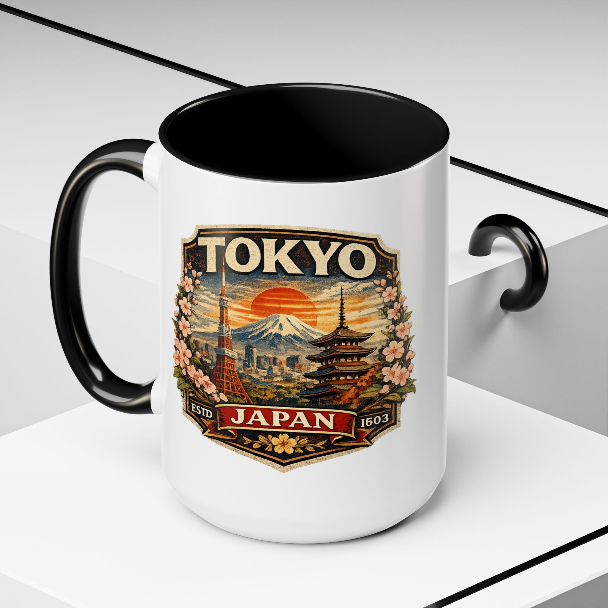 Tokyo Japan Accent Coffee Mug – Vintage Mount Fuji & Sakura Travel Souvenir (11/15oz)