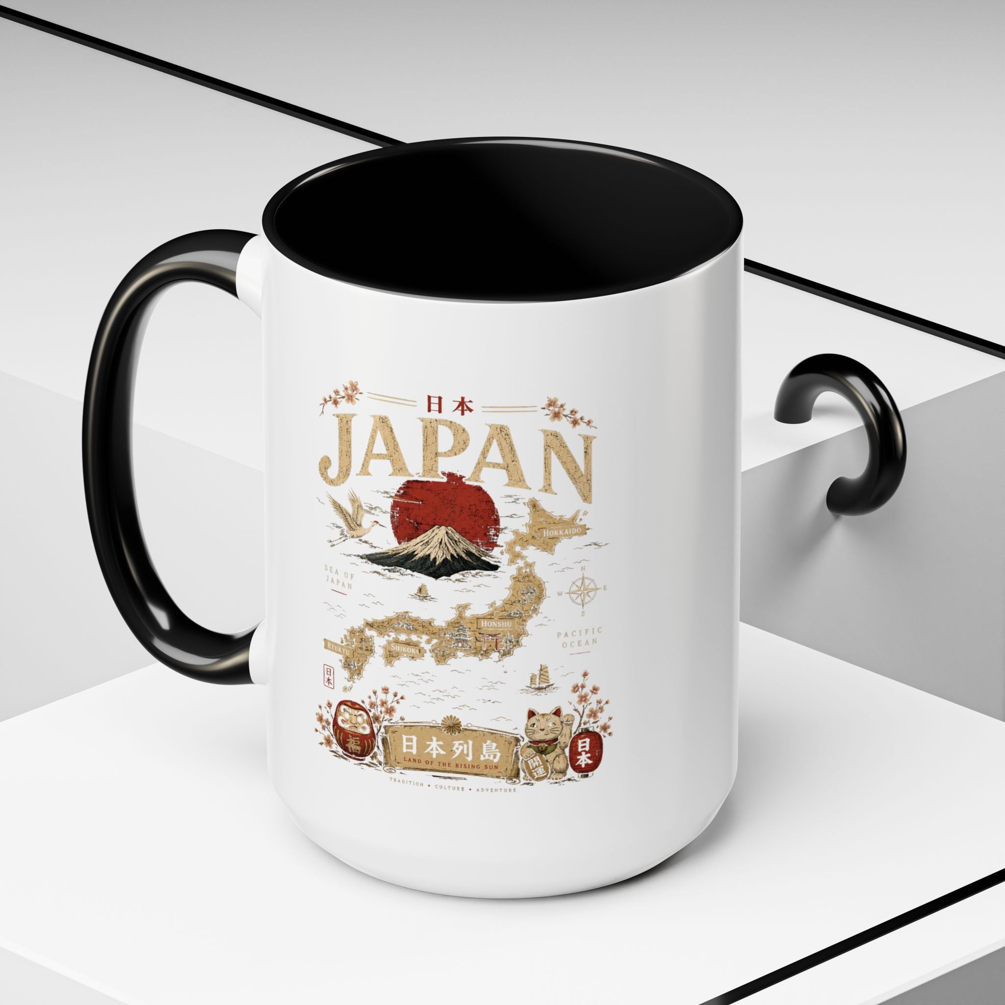Japan Travel Map Coffee Mug — Mount Fuji Red Sun Accent Mug (11/15 oz)