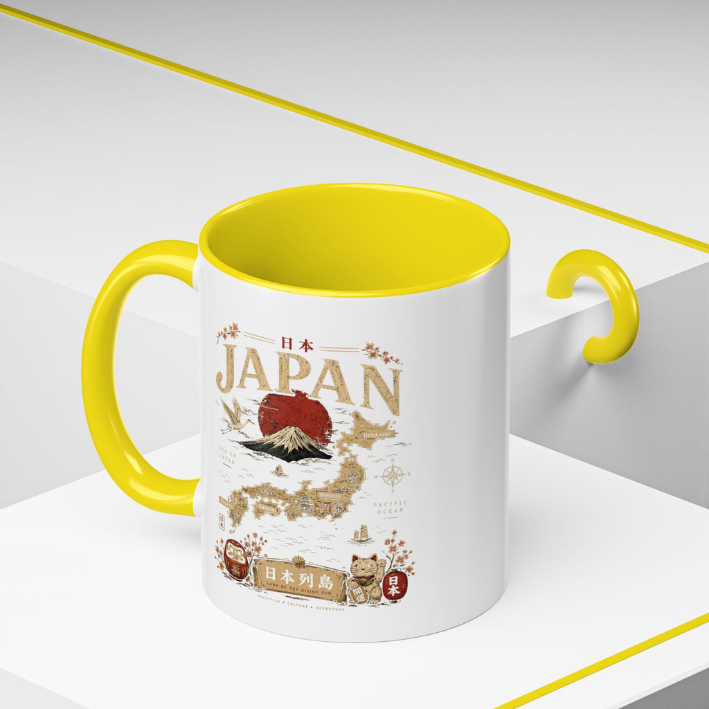 Japan Travel Map Coffee Mug — Mount Fuji Red Sun Accent Mug (11/15 oz)