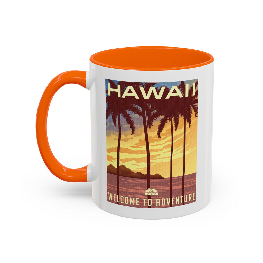 Hawaii Sunset Coffee Mug — "Welcome to Adventure" Tropical Travel Accent Mug