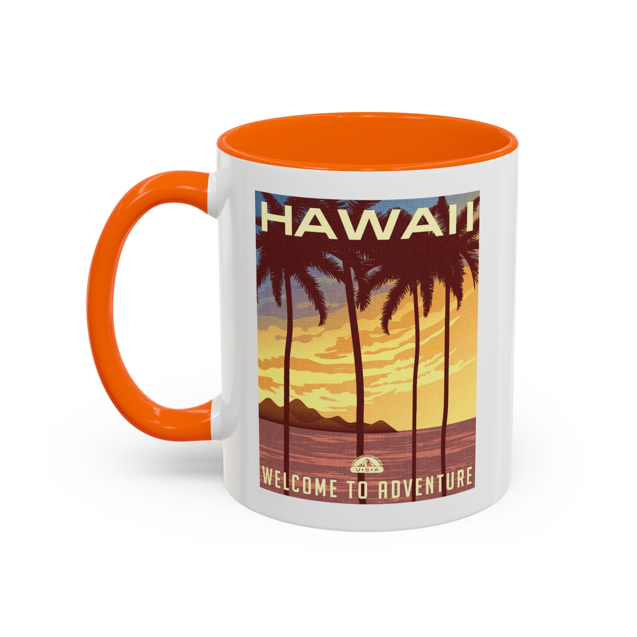 Hawaii Sunset Coffee Mug — "Welcome to Adventure" Tropical Travel Accent Mug