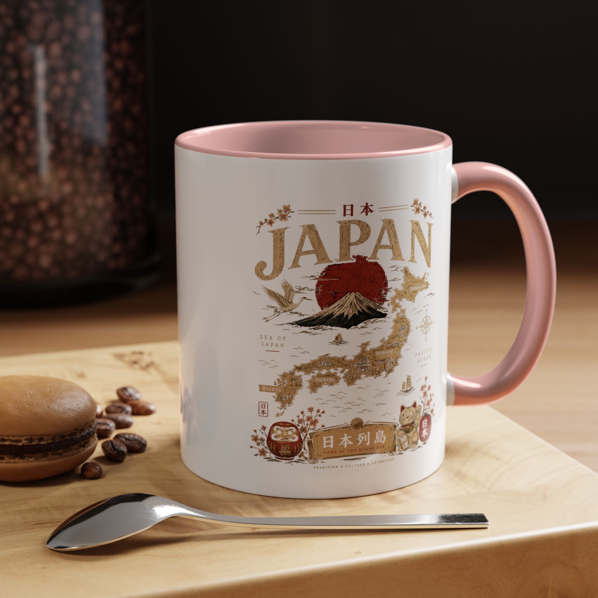 Japan Travel Map Coffee Mug — Mount Fuji Red Sun Accent Mug (11/15 oz)