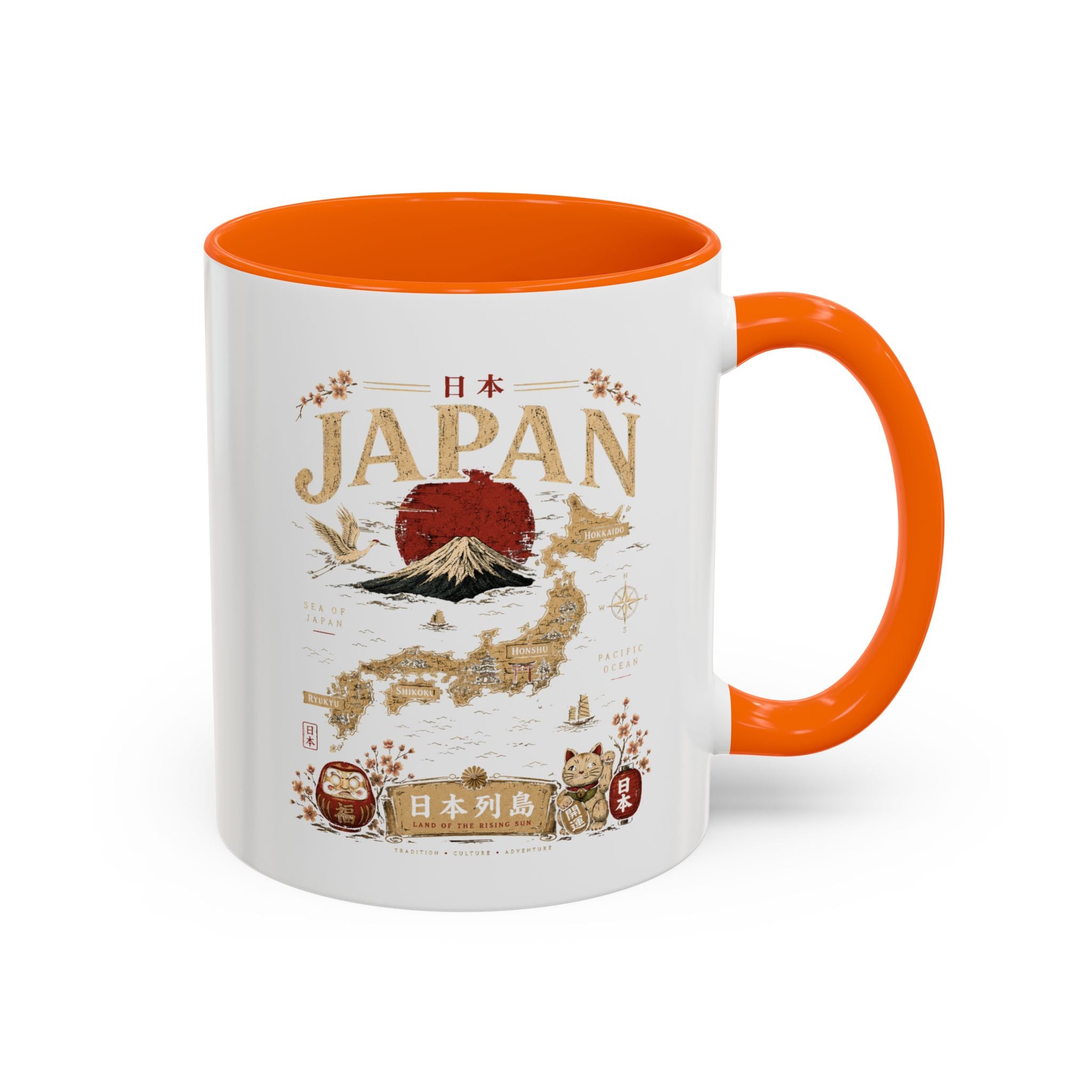Japan Travel Map Coffee Mug — Mount Fuji Red Sun Accent Mug (11/15 oz)