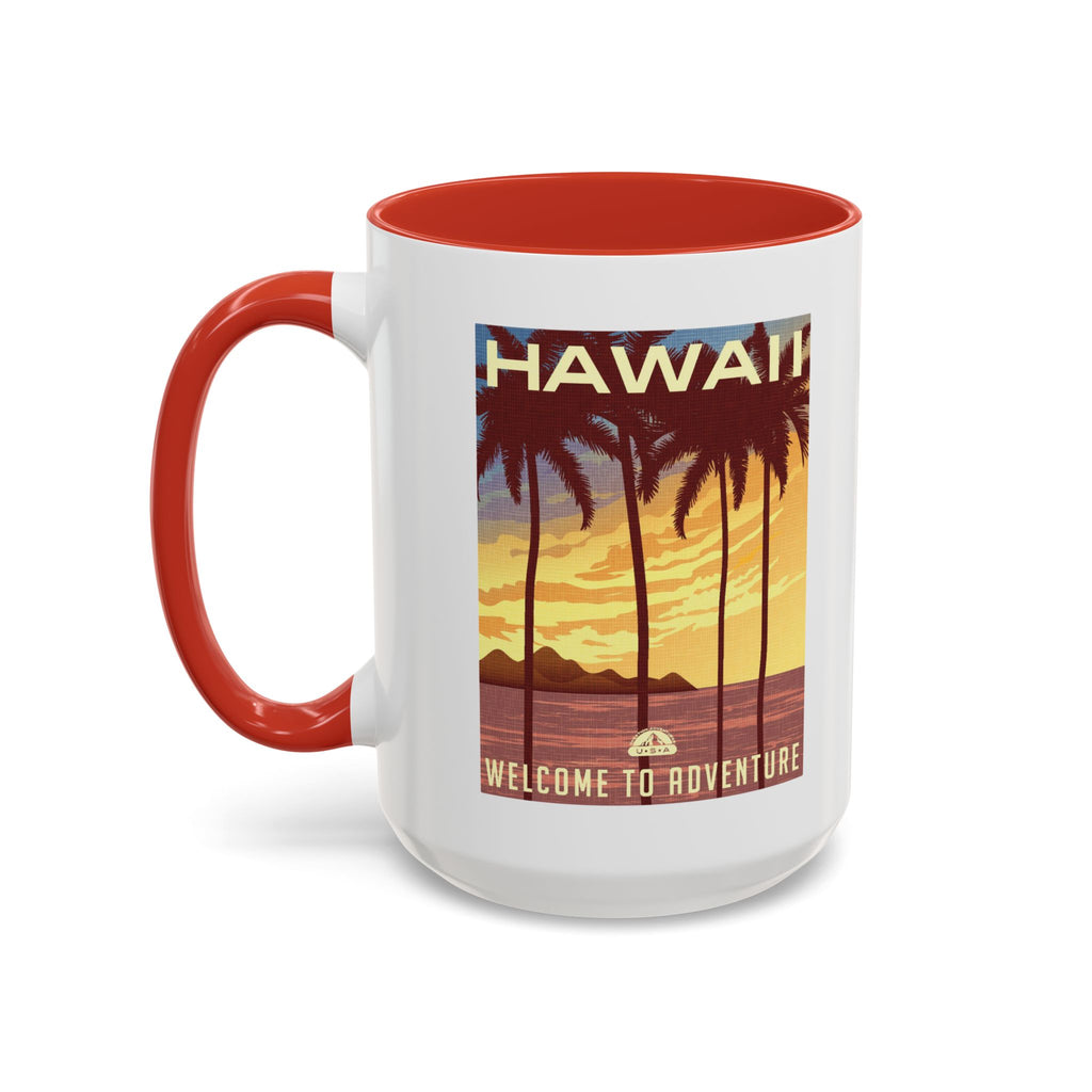 Hawaii Sunset Coffee Mug — "Welcome to Adventure" Tropical Travel Accent Mug