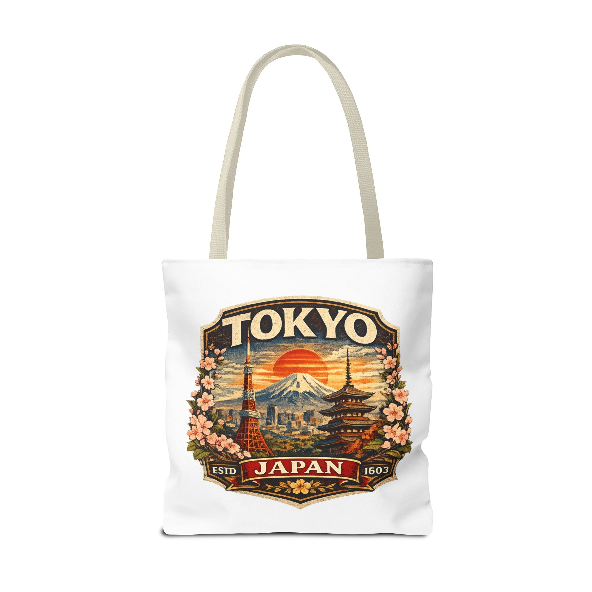 Tokyo Japan Scenic Tote Bag – Vintage Mount Fuji & Cherry Blossom Travel Tote
