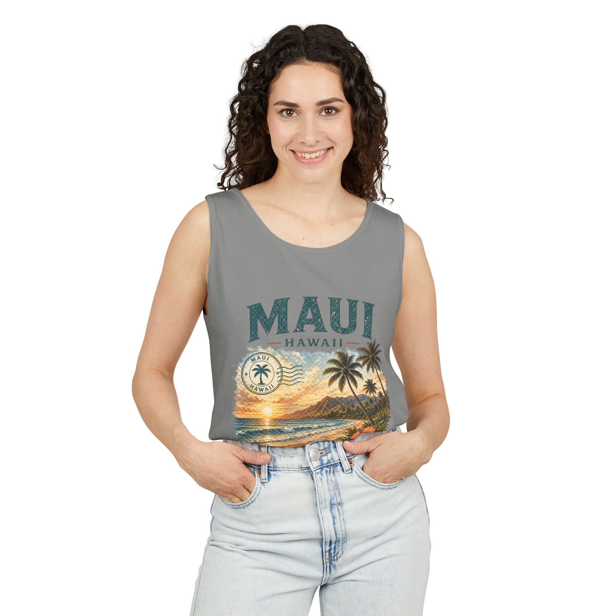 Maui Hawaii Tank Top — Ocean Air Sunsets Repeat Beach Graphic