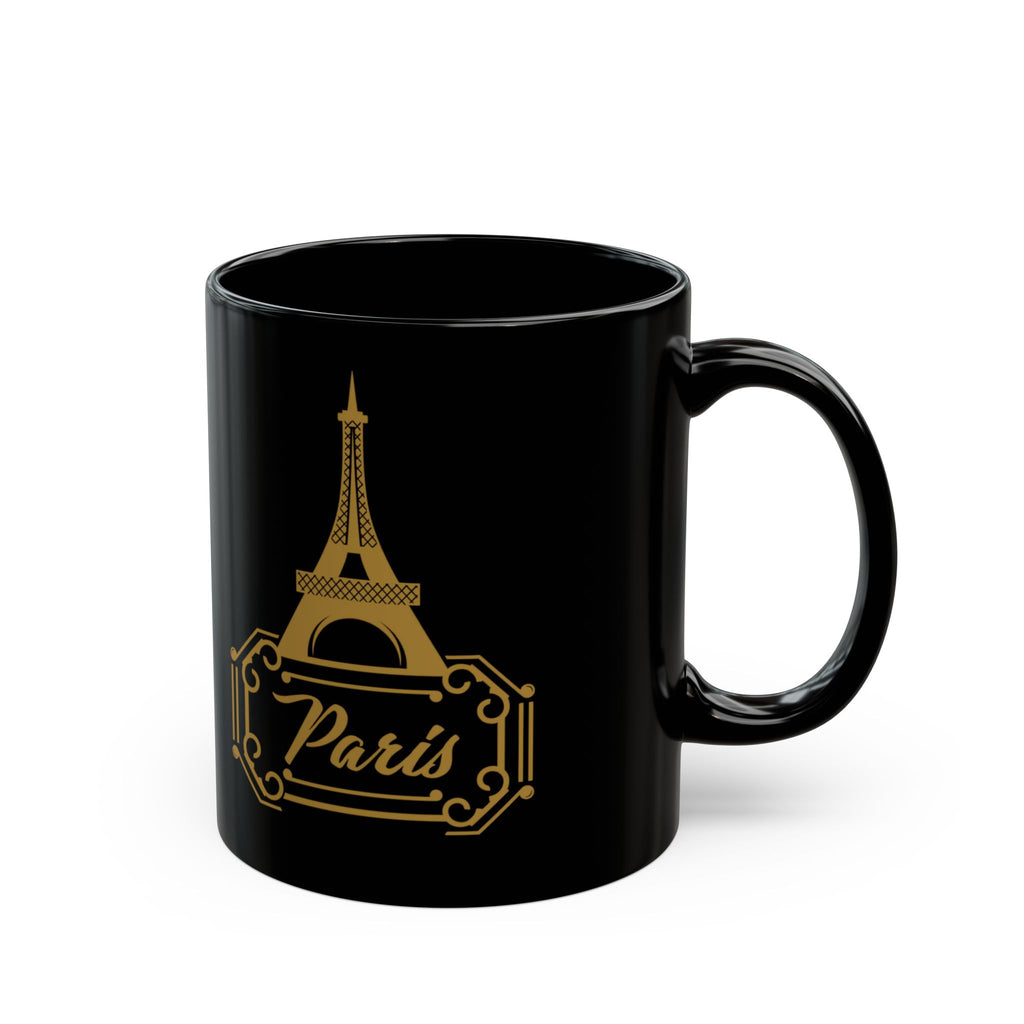 Paris Eiffel Tower Black Coffee Mug — Gold Retro Travel Logo (11oz, 15oz)