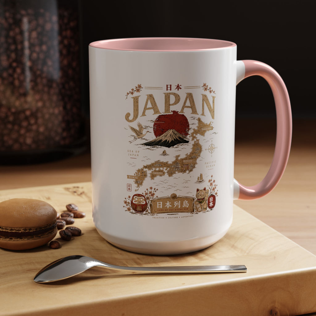 Japan Travel Map Coffee Mug — Mount Fuji Red Sun Accent Mug (11/15 oz)