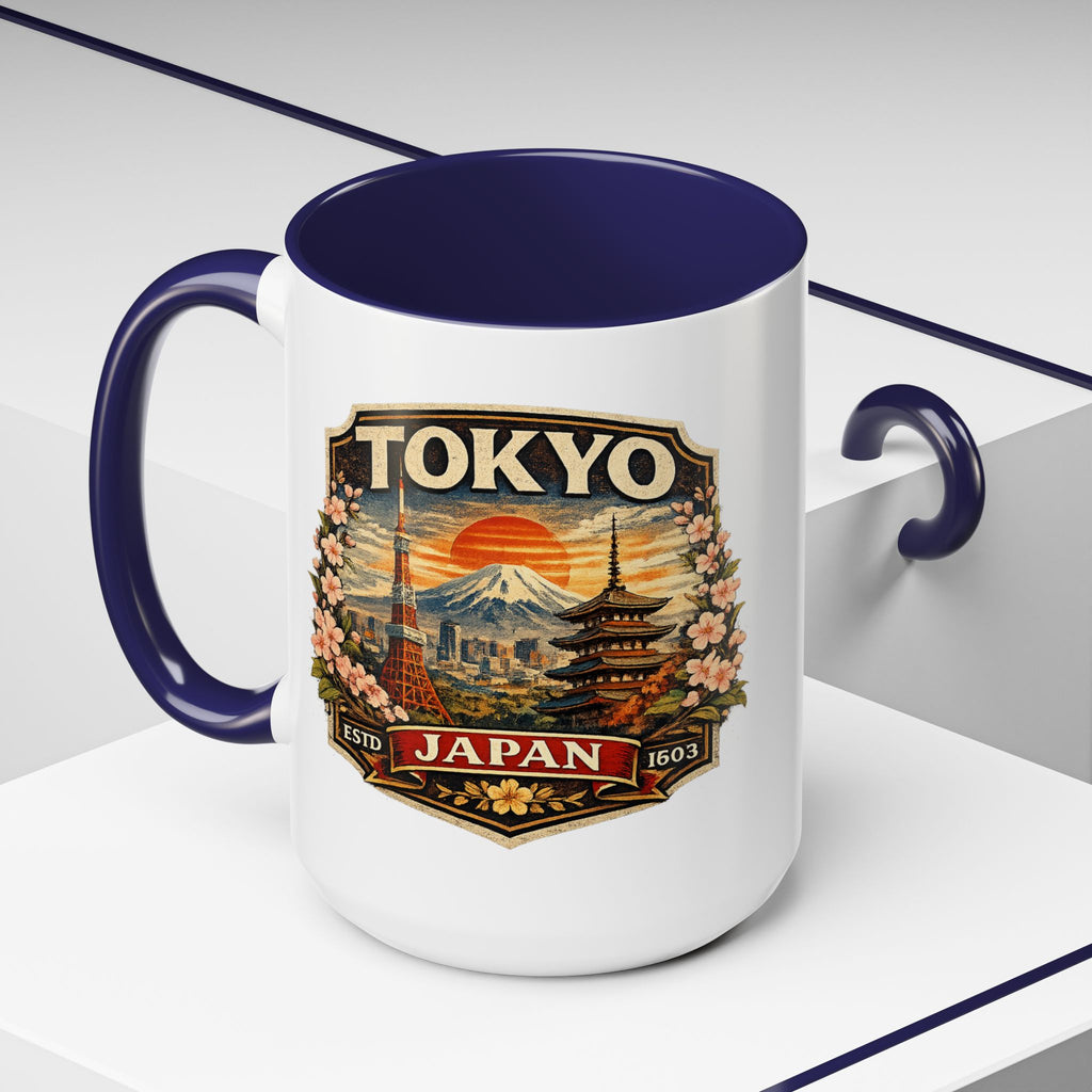 Tokyo Japan Accent Coffee Mug – Vintage Mount Fuji & Sakura Travel Souvenir (11/15oz)