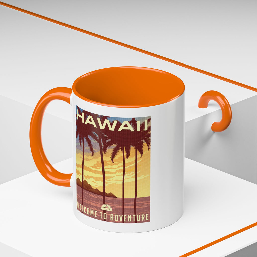 Hawaii Sunset Coffee Mug — "Welcome to Adventure" Tropical Travel Accent Mug