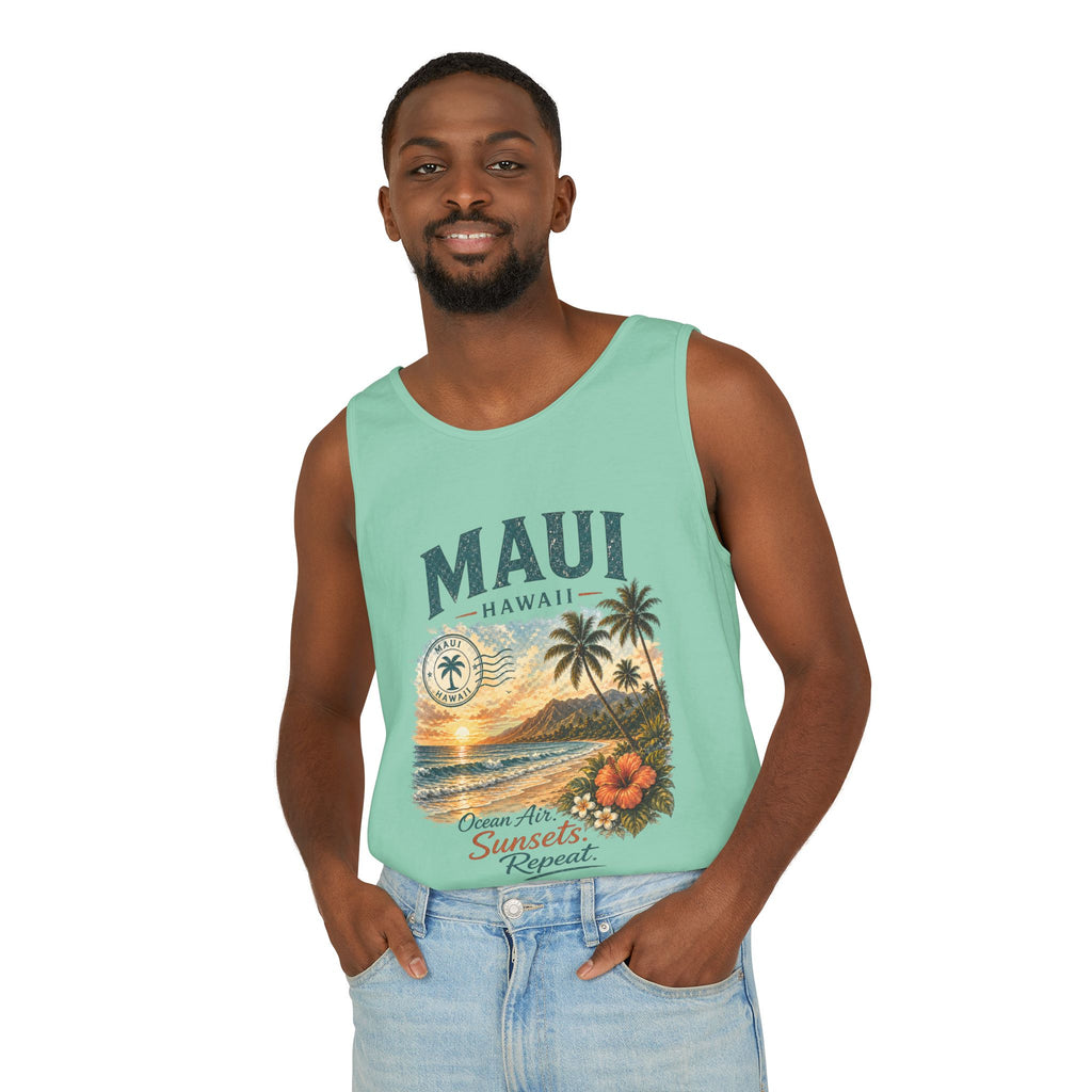 Maui Hawaii Tank Top — Ocean Air Sunsets Repeat Beach Graphic