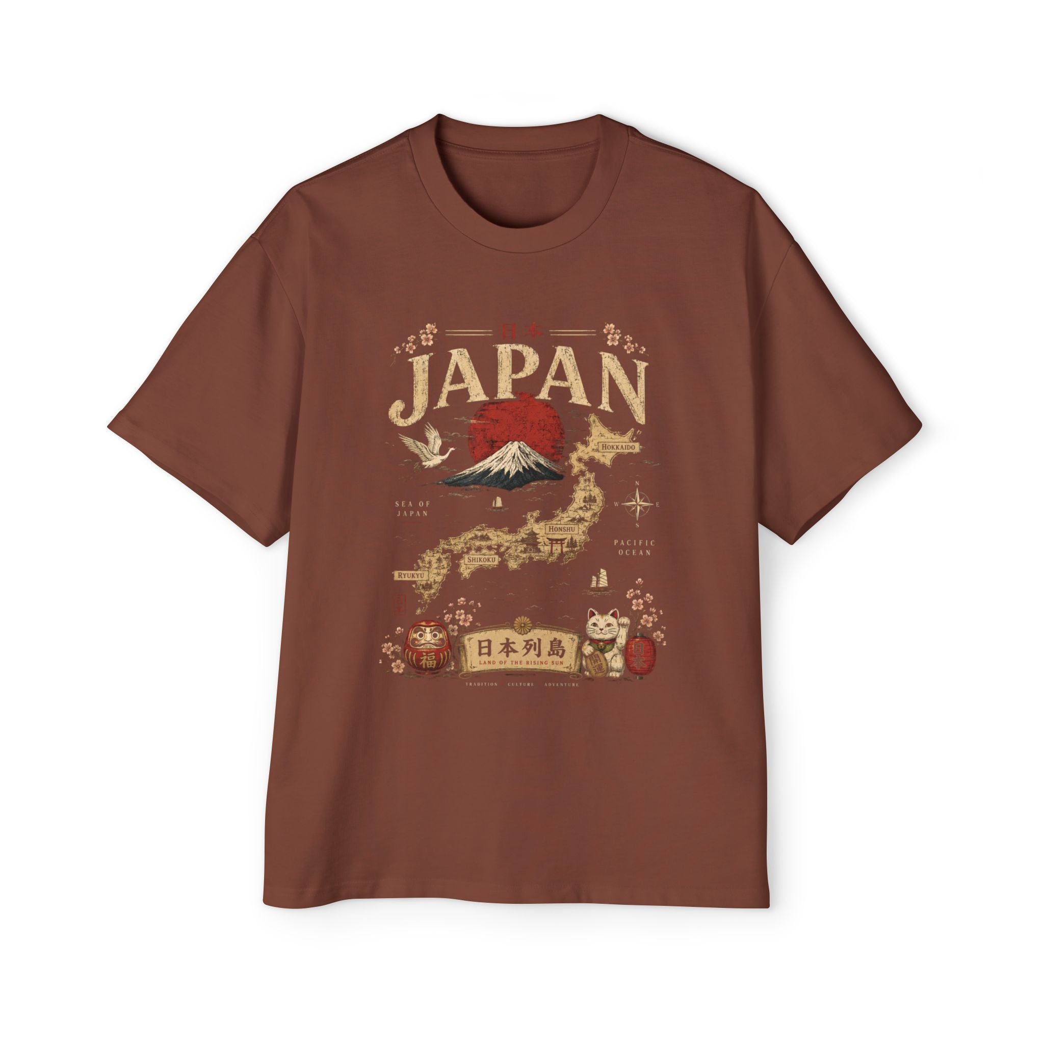 Japan Map Tee — Mount Fuji, Rising Sun & Lucky Cat Graphic T-Shirt