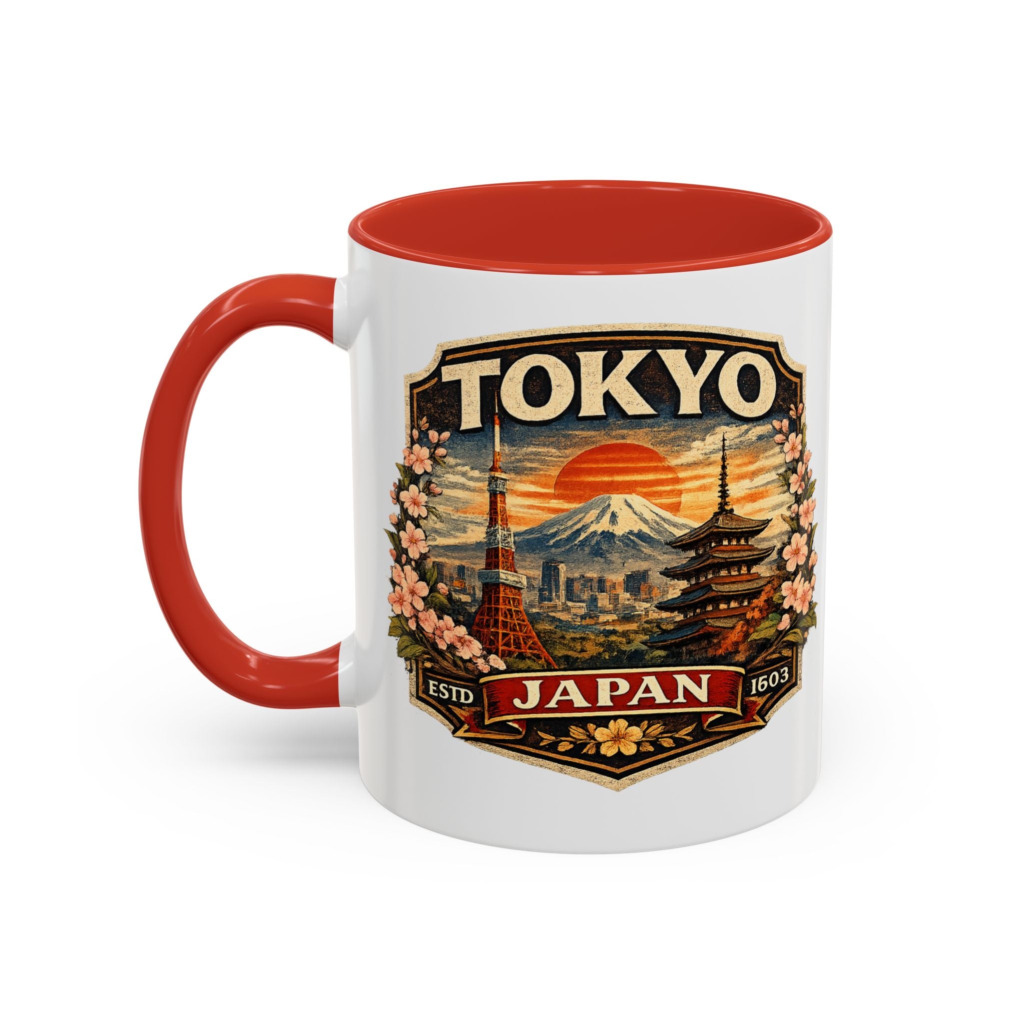 Tokyo Japan Accent Coffee Mug – Vintage Mount Fuji & Sakura Travel Souvenir (11/15oz)