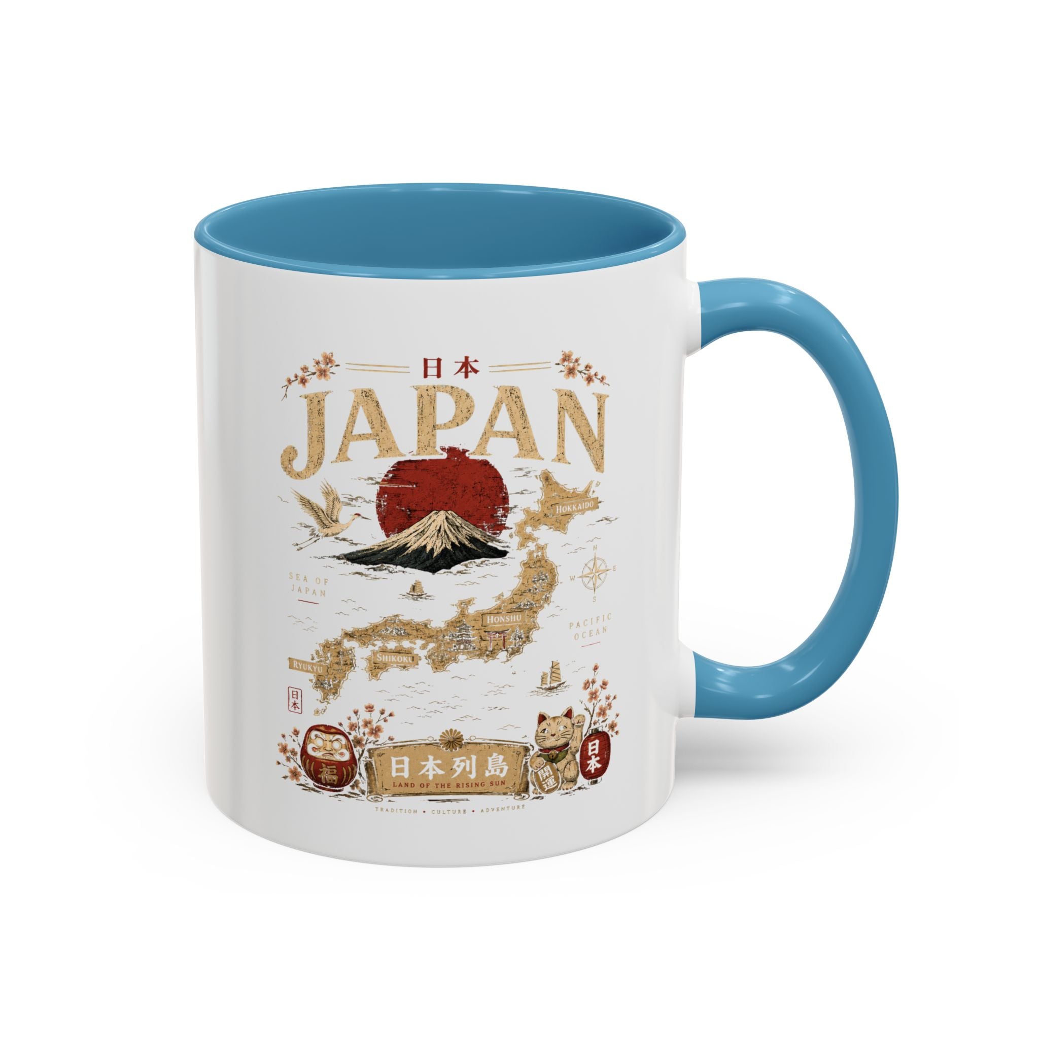 Japan Travel Map Coffee Mug — Mount Fuji Red Sun Accent Mug (11/15 oz)