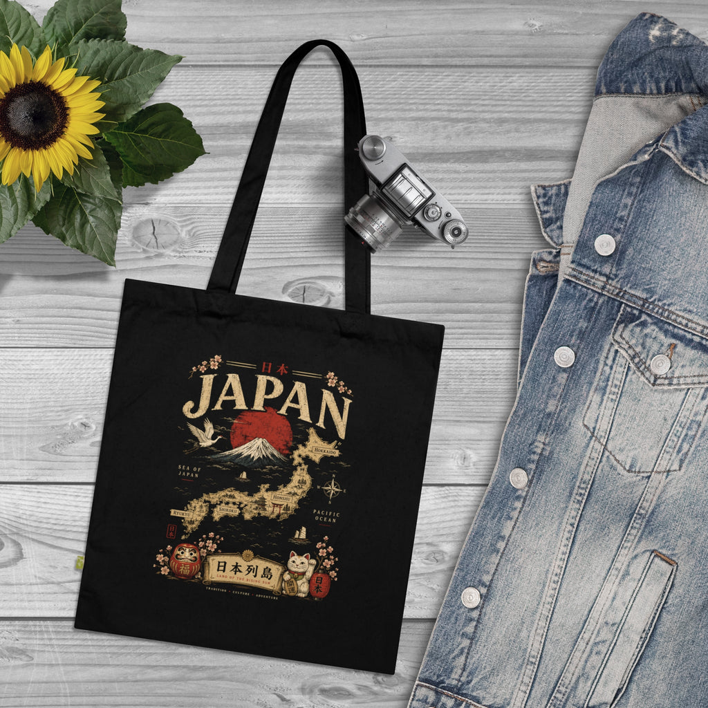 Japan Travel Tote Bag — Vintage Mount Fuji & Map Organic Cotton Tote