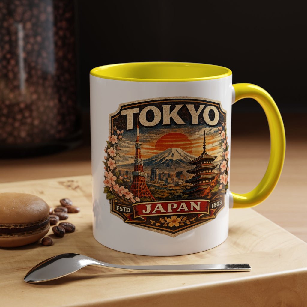 Tokyo Japan Accent Coffee Mug – Vintage Mount Fuji & Sakura Travel Souvenir (11/15oz)