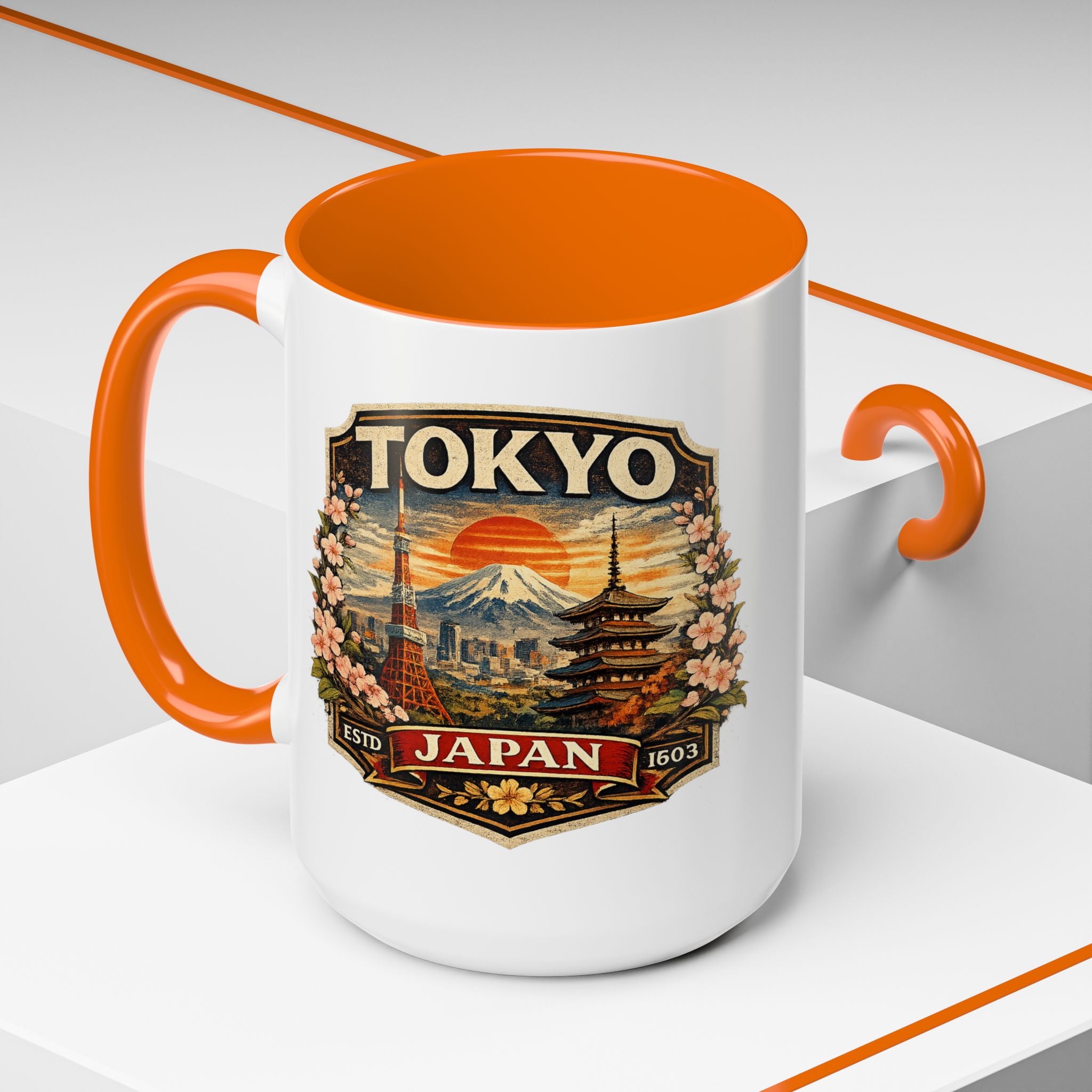 Tokyo Japan Accent Coffee Mug – Vintage Mount Fuji & Sakura Travel Souvenir (11/15oz)