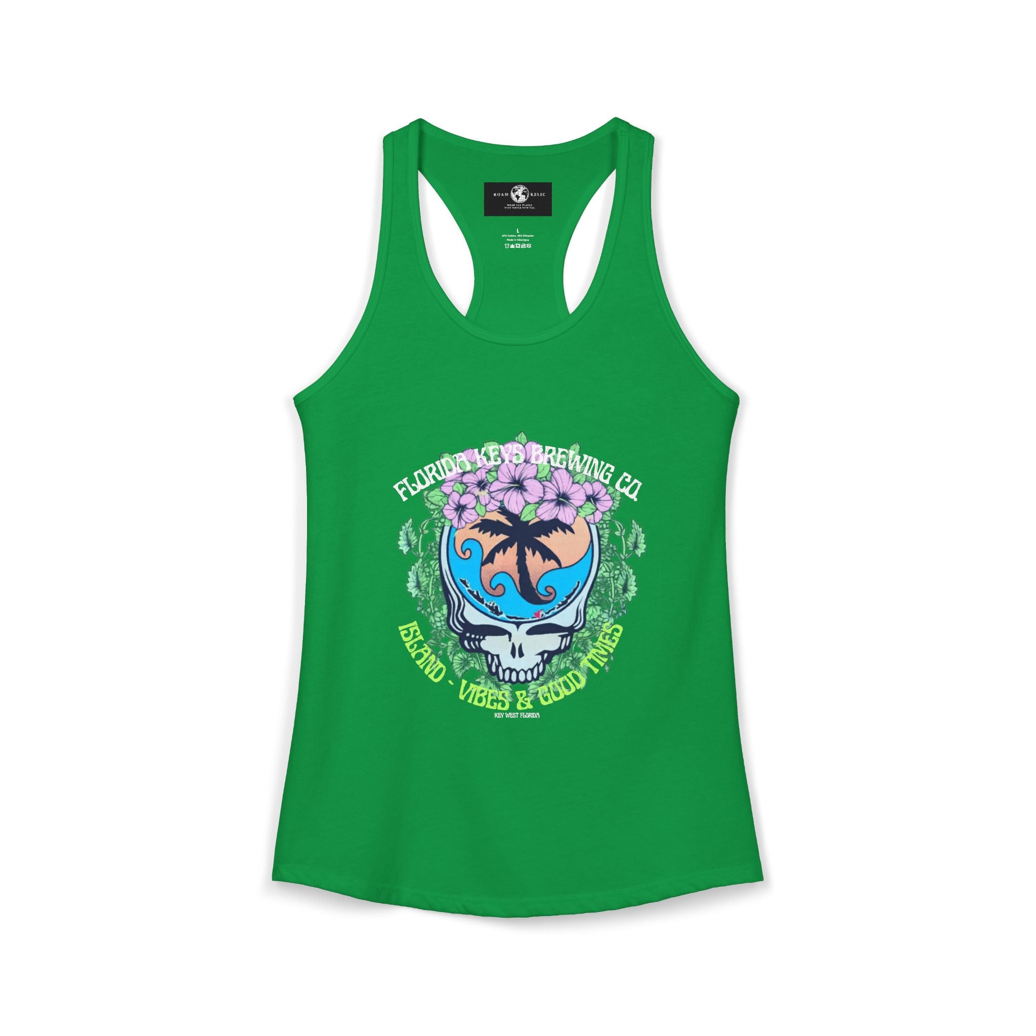Island Vibes & Good Times Racerback Tank — Tropical Skull Graphic