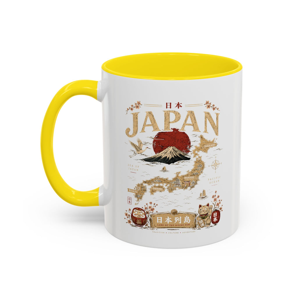 Japan Travel Map Coffee Mug — Mount Fuji Red Sun Accent Mug (11/15 oz)