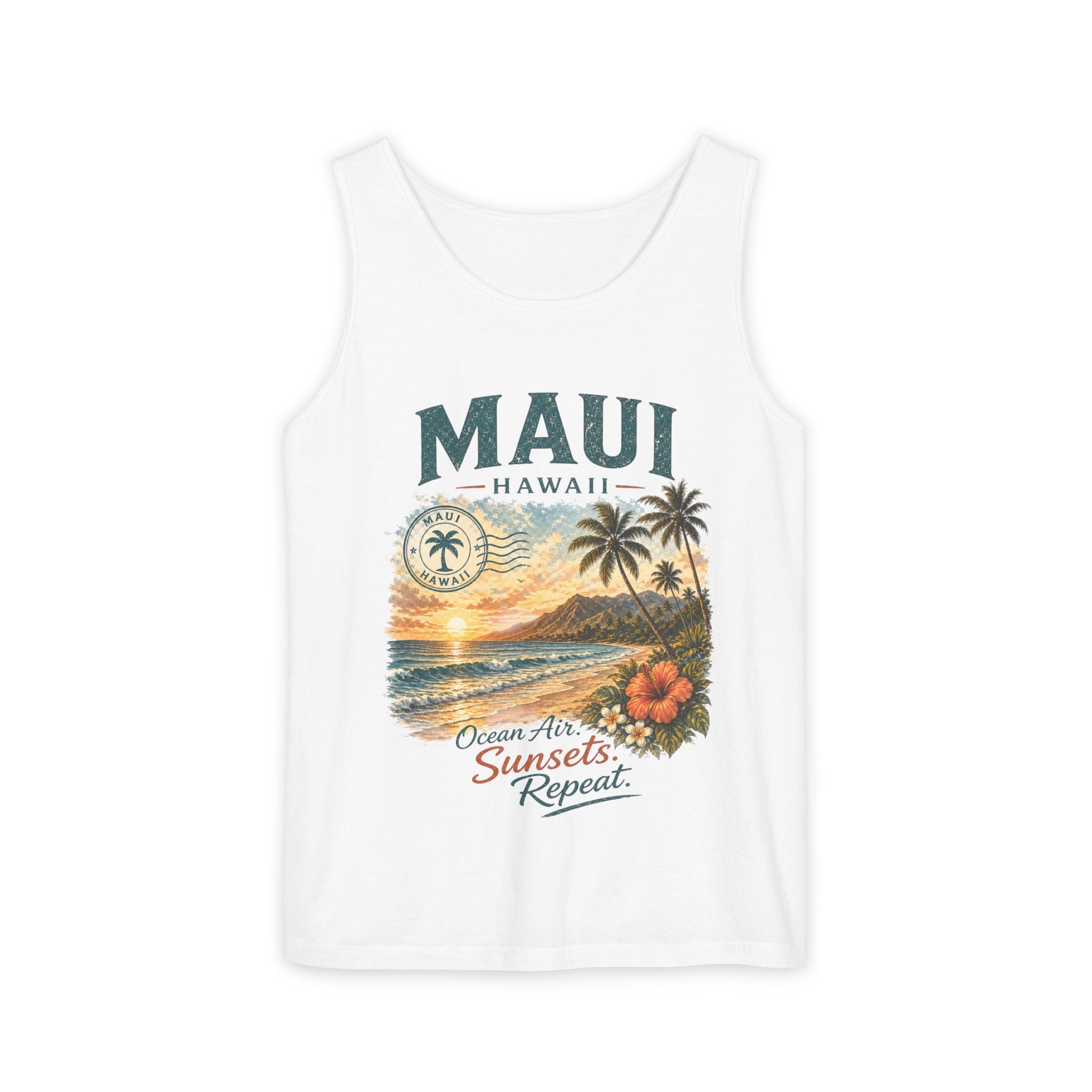 Maui Hawaii Tank Top — Ocean Air Sunsets Repeat Beach Graphic
