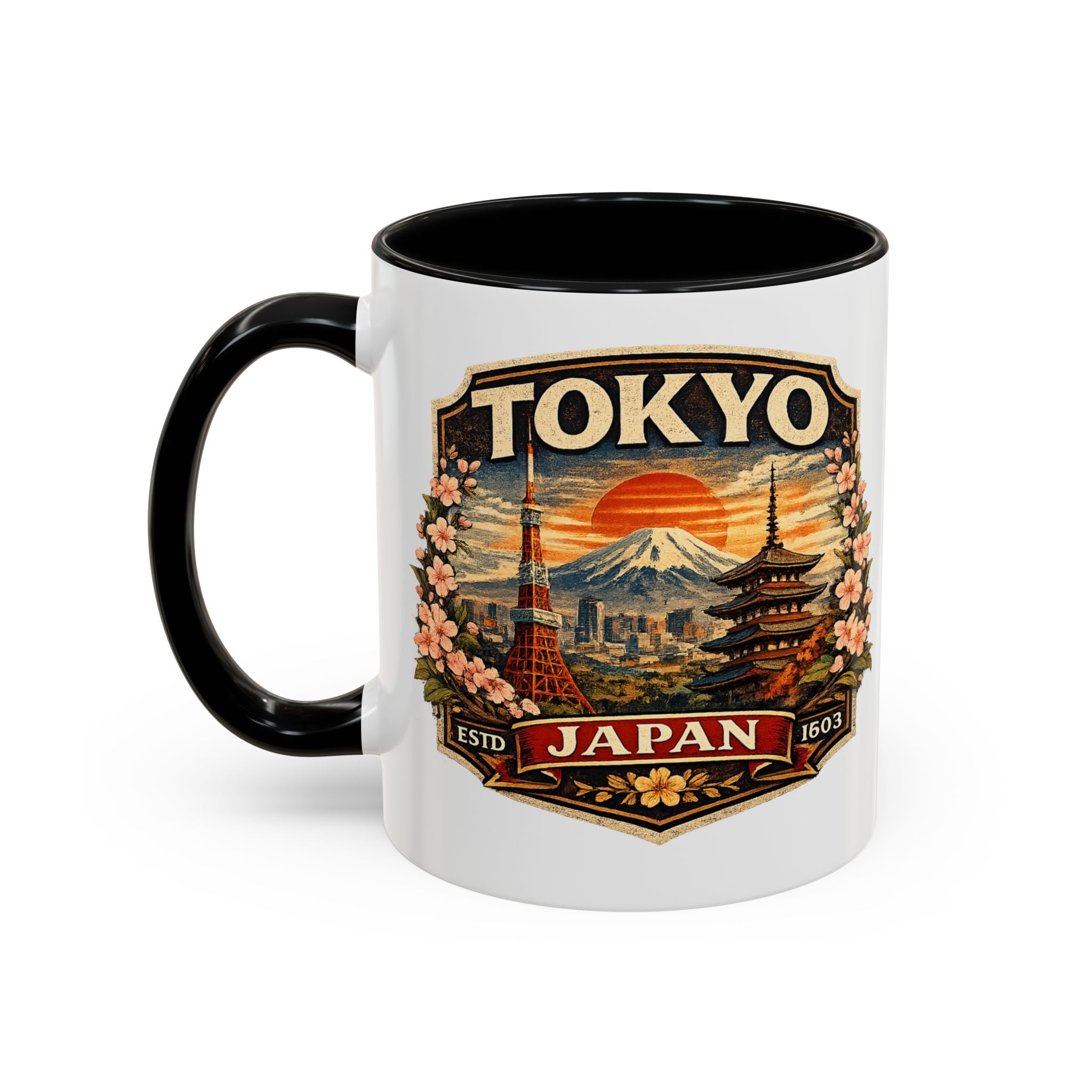 Tokyo Japan Accent Coffee Mug – Vintage Mount Fuji & Sakura Travel Souvenir (11/15oz)