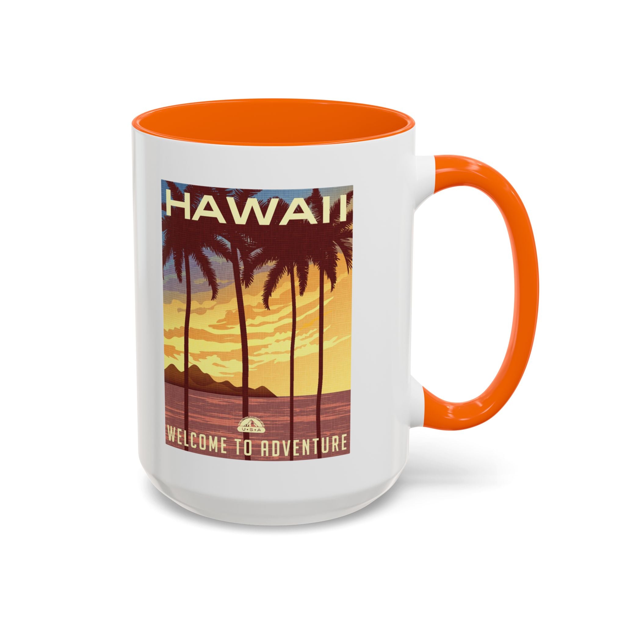 Hawaii Sunset Coffee Mug — "Welcome to Adventure" Tropical Travel Accent Mug