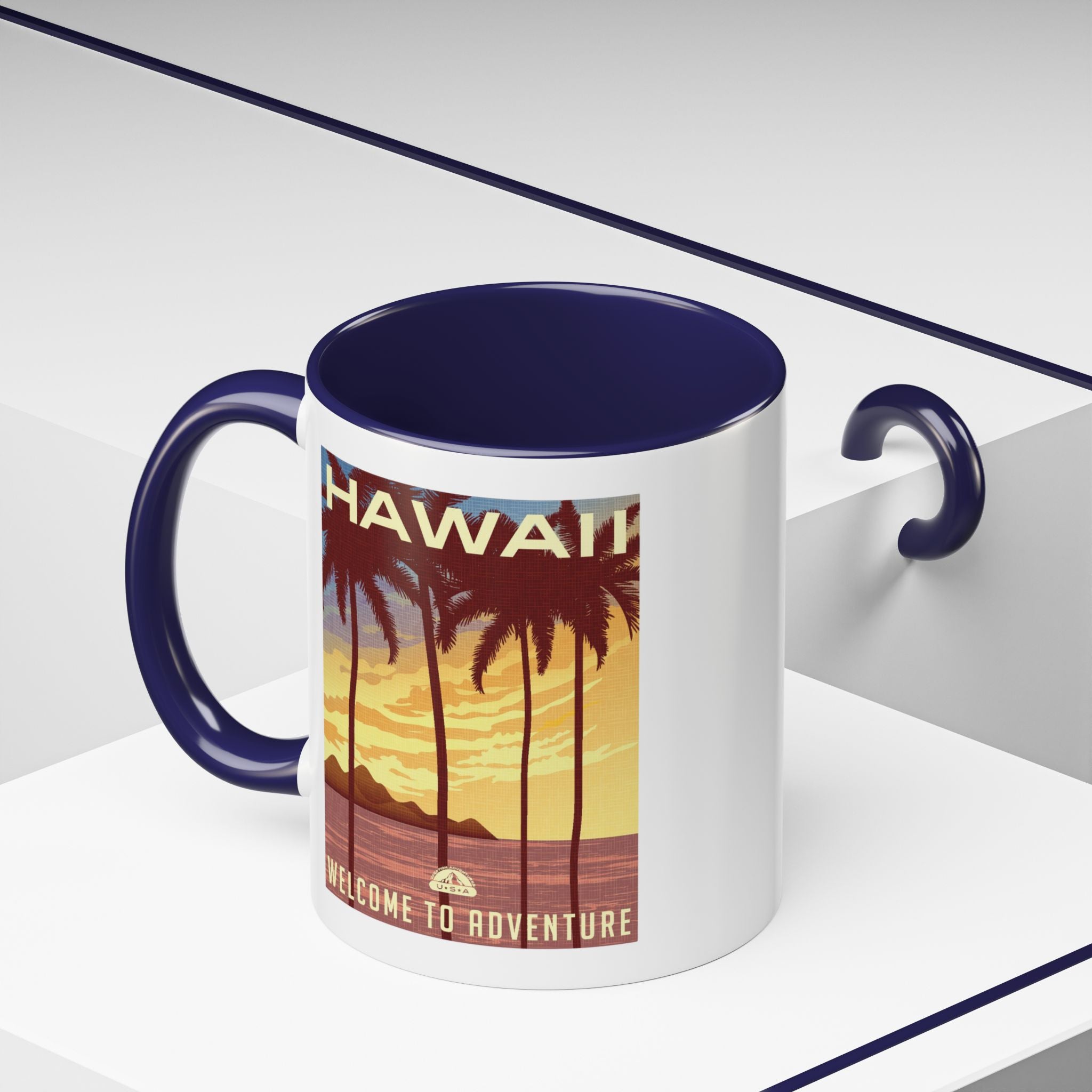 Hawaii Sunset Coffee Mug — "Welcome to Adventure" Tropical Travel Accent Mug