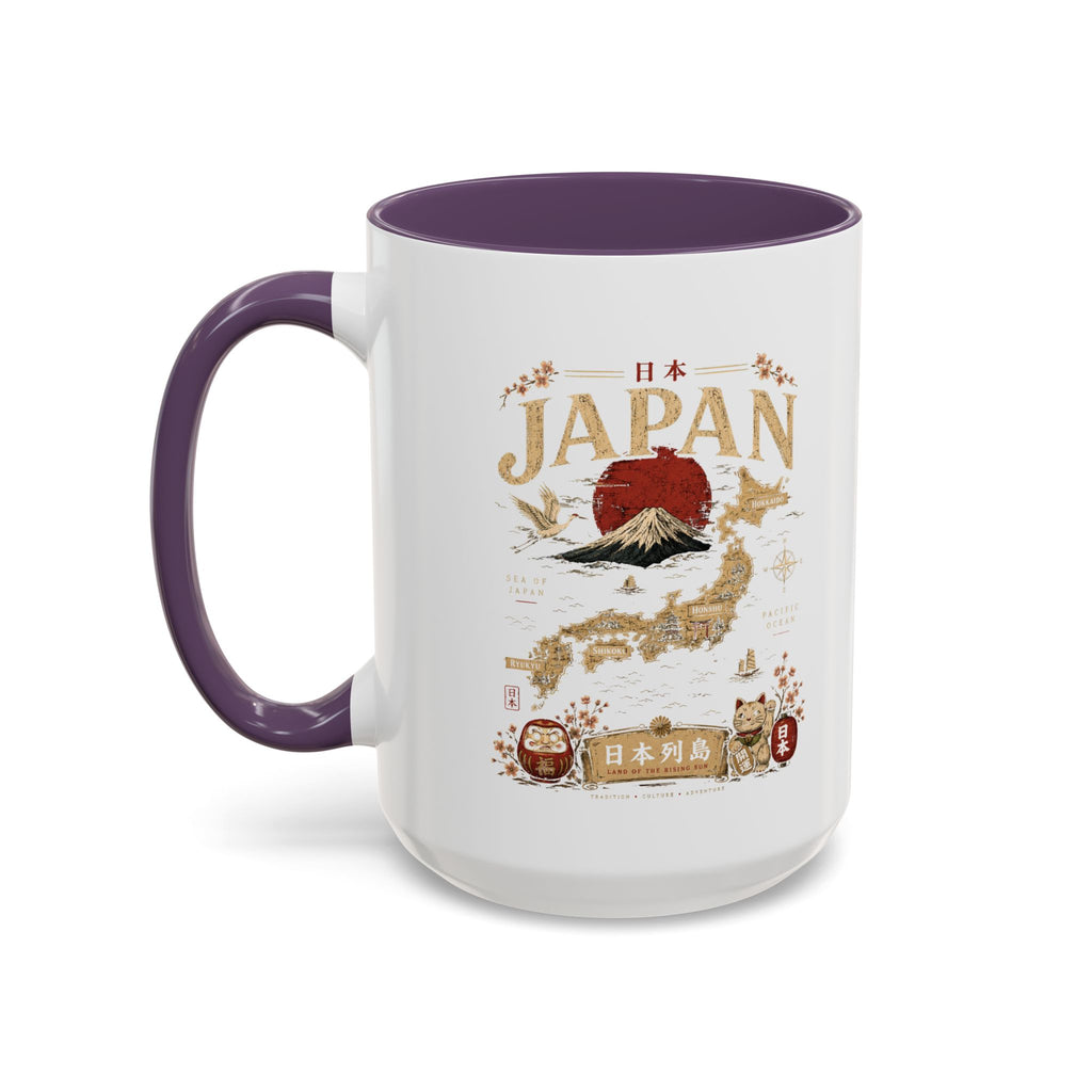 Japan Travel Map Coffee Mug — Mount Fuji Red Sun Accent Mug (11/15 oz)