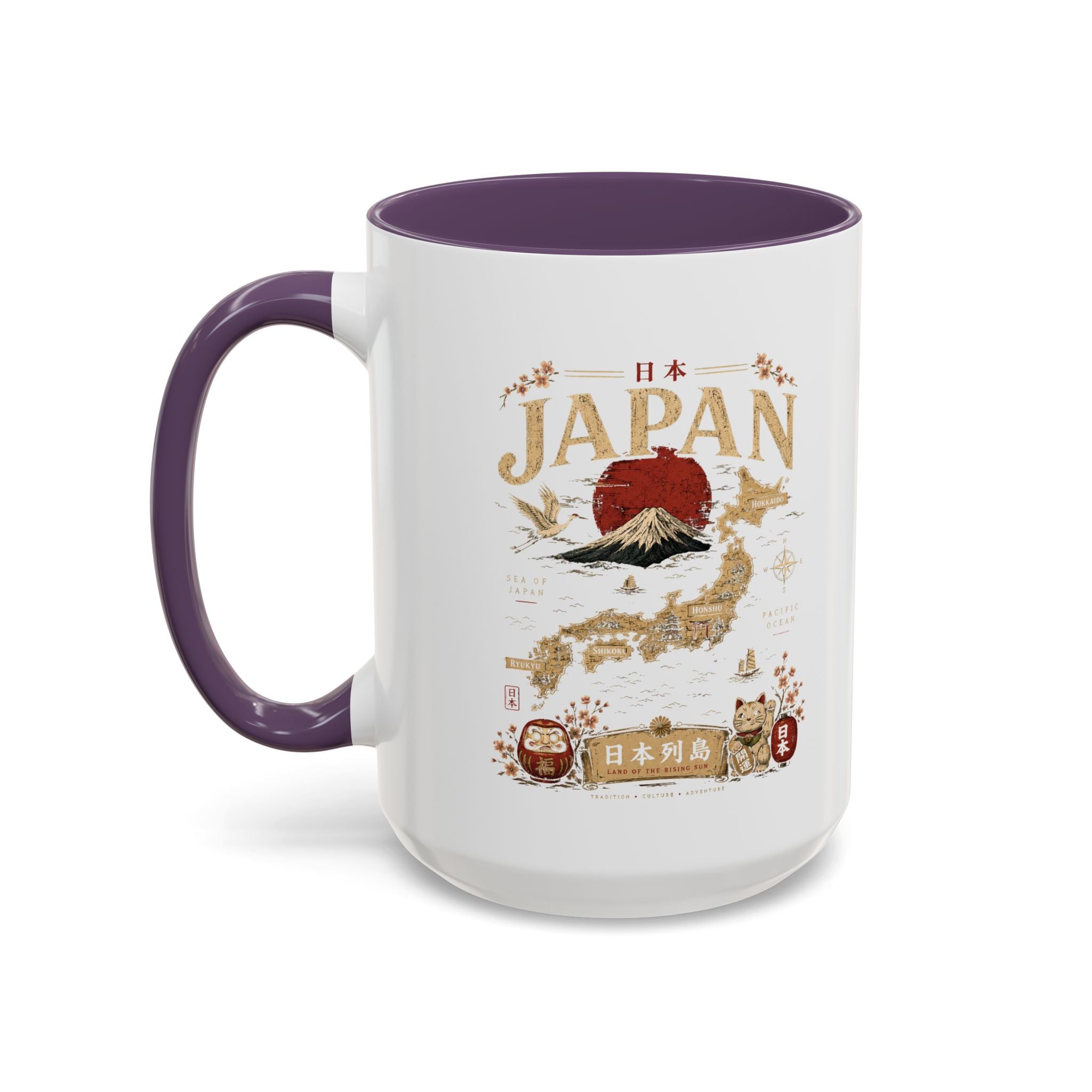 Japan Travel Map Coffee Mug — Mount Fuji Red Sun Accent Mug (11/15 oz)