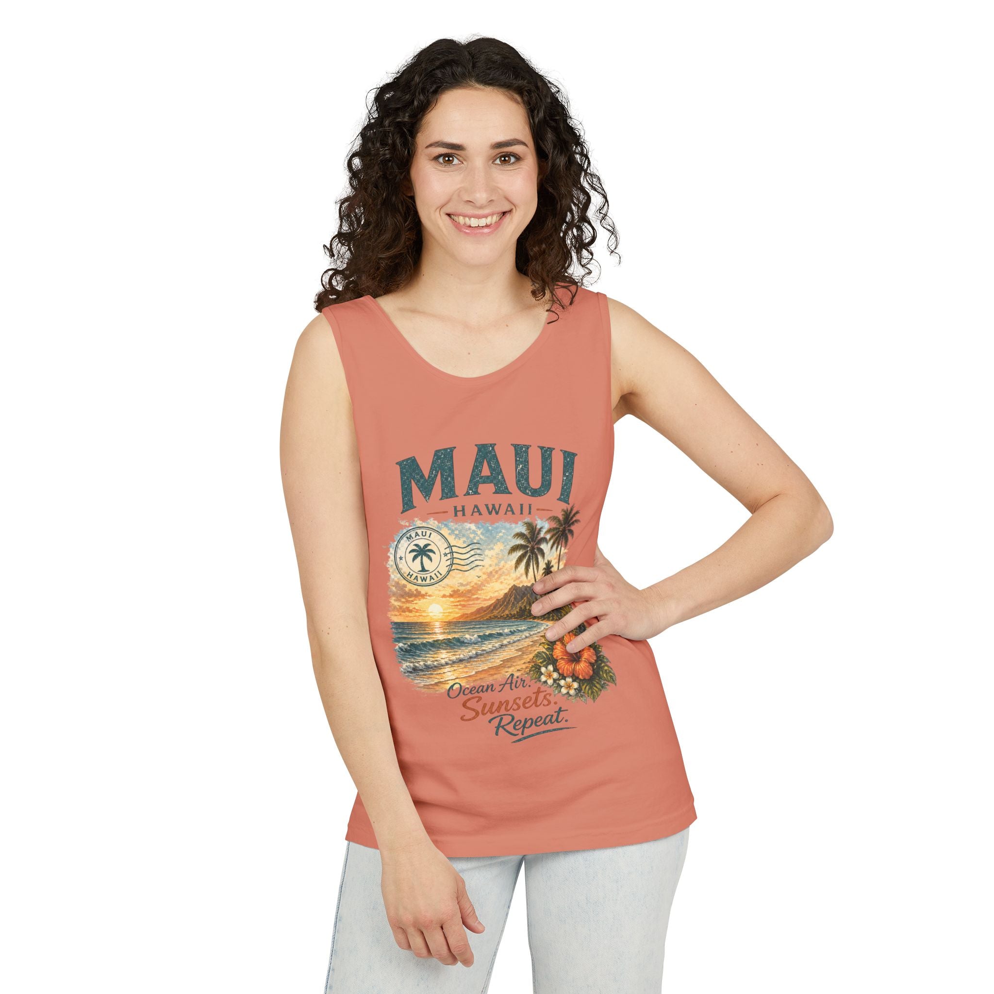 Maui Hawaii Tank Top — Ocean Air Sunsets Repeat Beach Graphic
