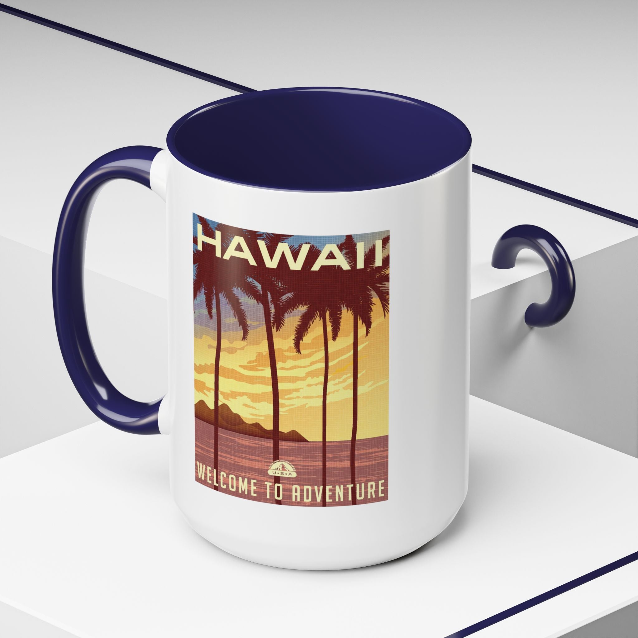 Hawaii Sunset Coffee Mug — "Welcome to Adventure" Tropical Travel Accent Mug