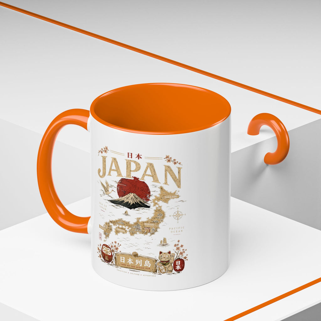 Japan Travel Map Coffee Mug — Mount Fuji Red Sun Accent Mug (11/15 oz)