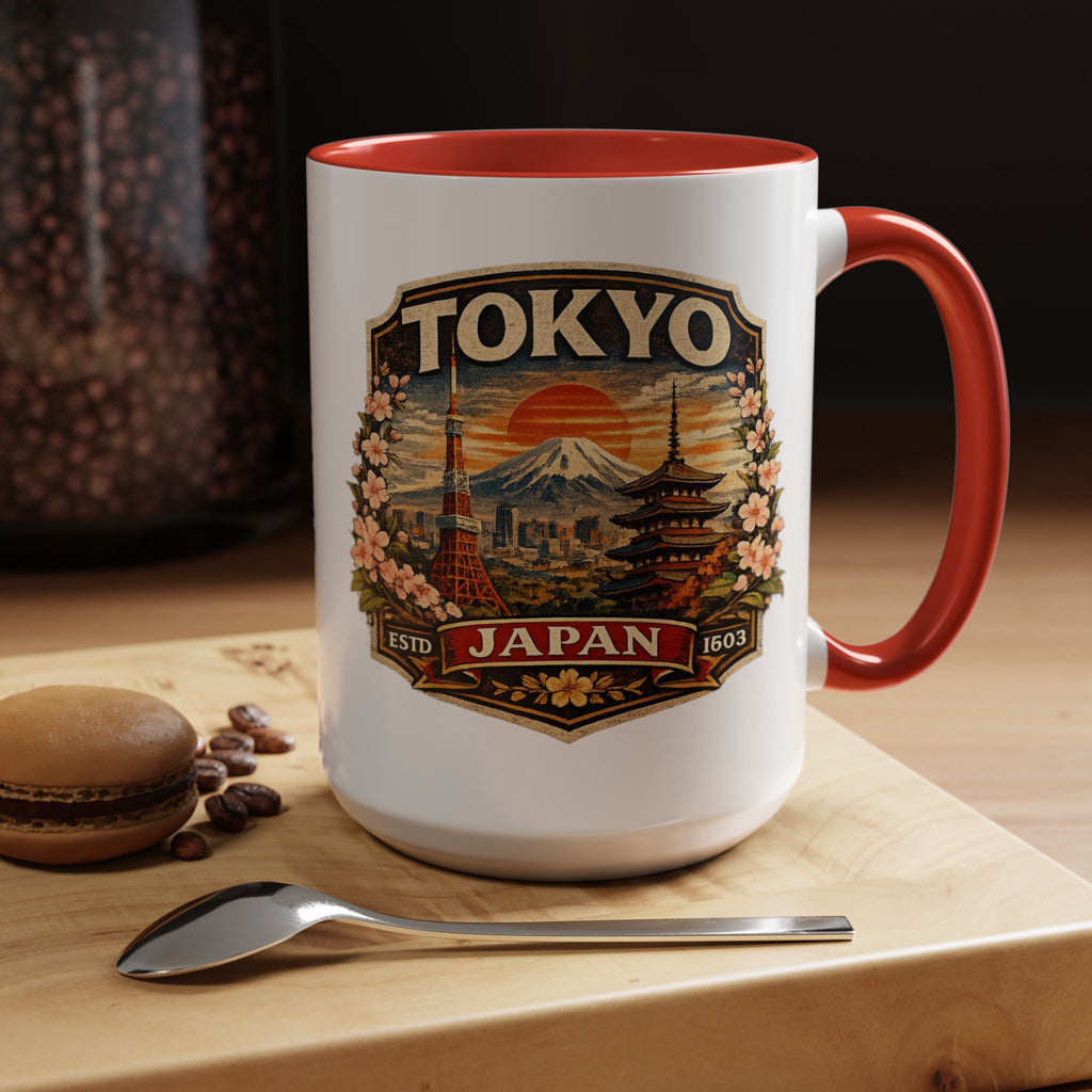 Tokyo Japan Accent Coffee Mug – Vintage Mount Fuji & Sakura Travel Souvenir (11/15oz)
