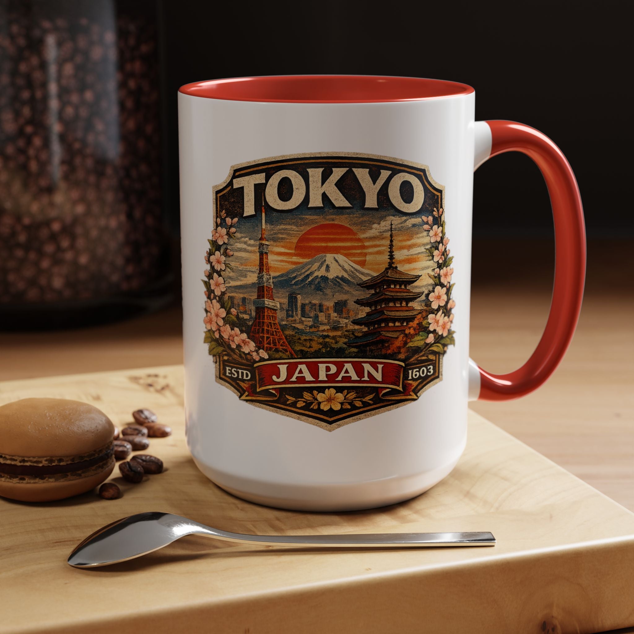 Tokyo Japan Accent Coffee Mug – Vintage Mount Fuji & Sakura Travel Souvenir (11/15oz)